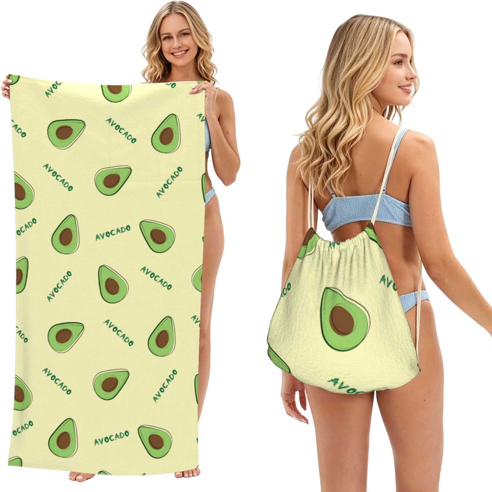 Poadnly As Picture Green Avocado, 2 In 1 Packable Towel Bag, Beach Towels With Drawstring Backpack For Travel Holiday Camping