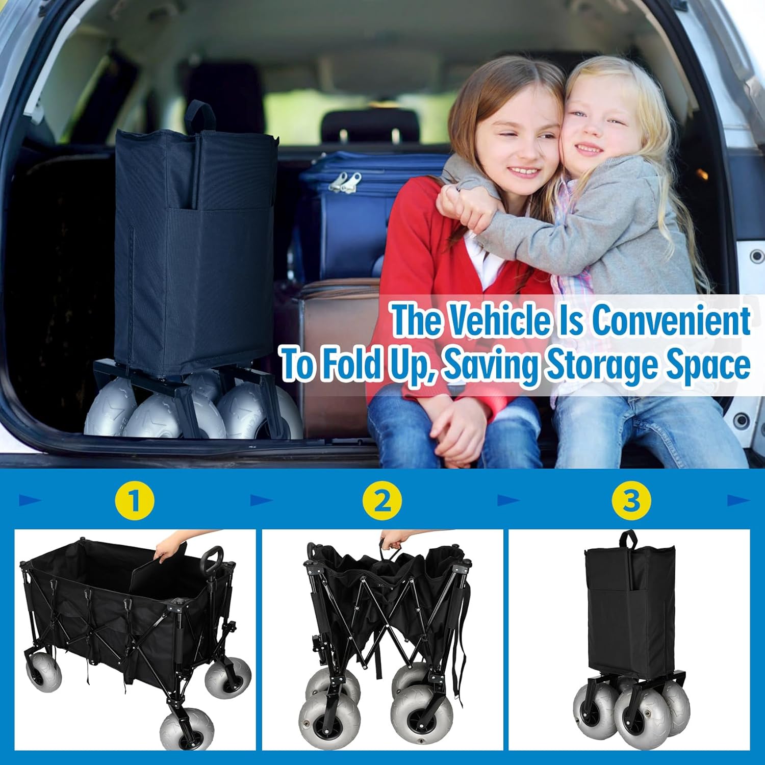 Beach Wagon with Big Wheels for Sand and Detachable Cooler,Heavy Duty Collapsible Wagon with All-Terrain 9-Inch Pneumatic Tires, Utility Beach Cart for Garden Sports Camping Outdoor Activities