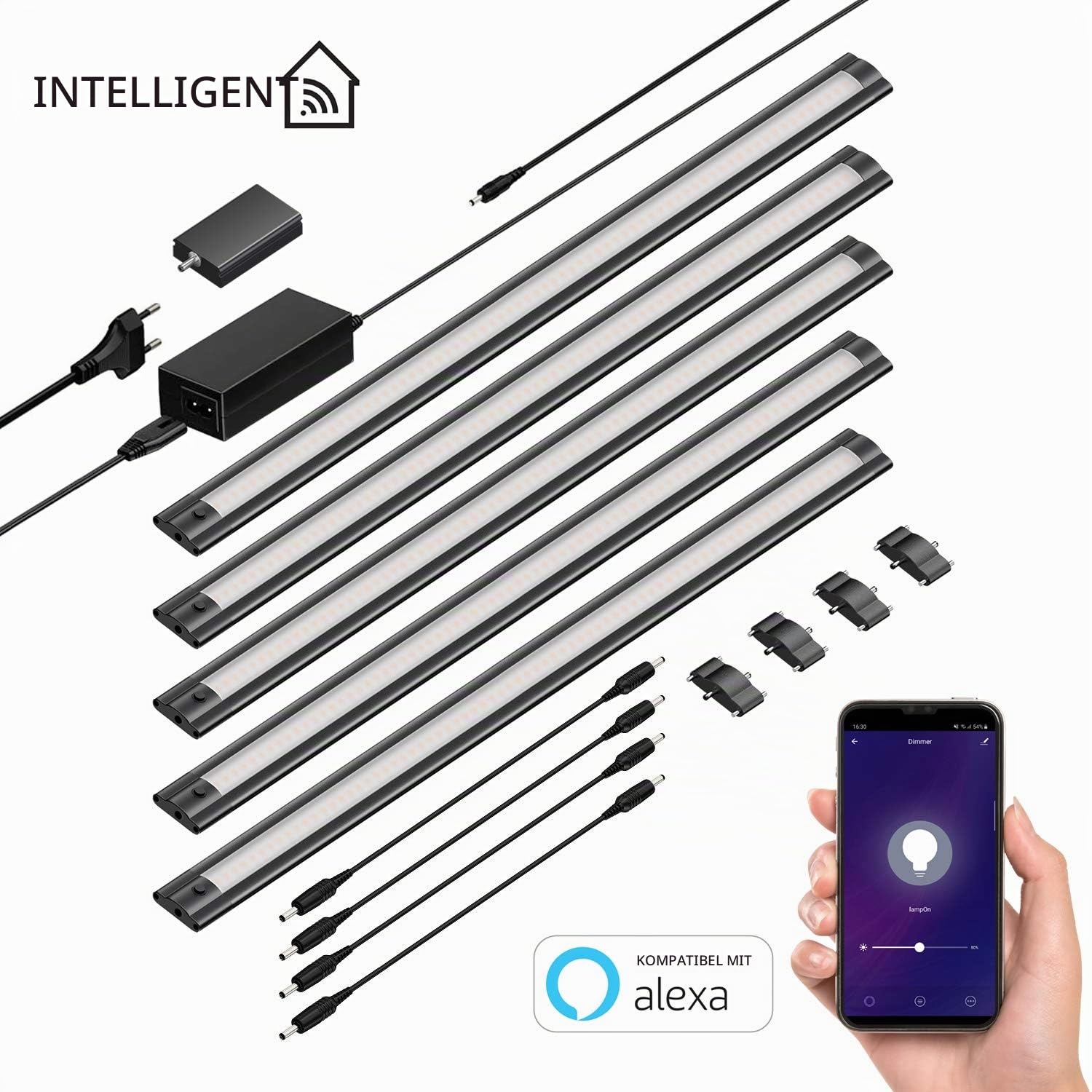 ledscom.de Smarte LED Unterbau-Leuchte SIRIS schwarz matt, WLAN-Controller flach,Smart-Home, Alexa-fähig, je 50cm, je 531lm, warmweiß, 5er Set