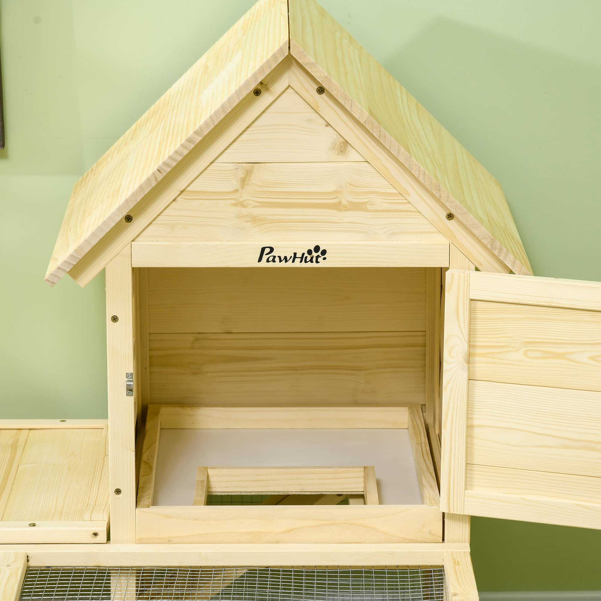 PawHut Legnaia Coniglio 2 Livelli, Area Corsa, Rampe | Recinto animali, villa coniglio, porte bloccabili, 151,5x106x97 cm.