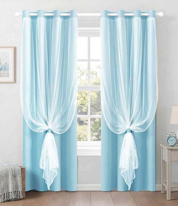 100% Blackout Curtains with Sheer Overlay, Blue, 52 x 84 inch, 2 Panels by TopNaps - Used condition - US$21.18