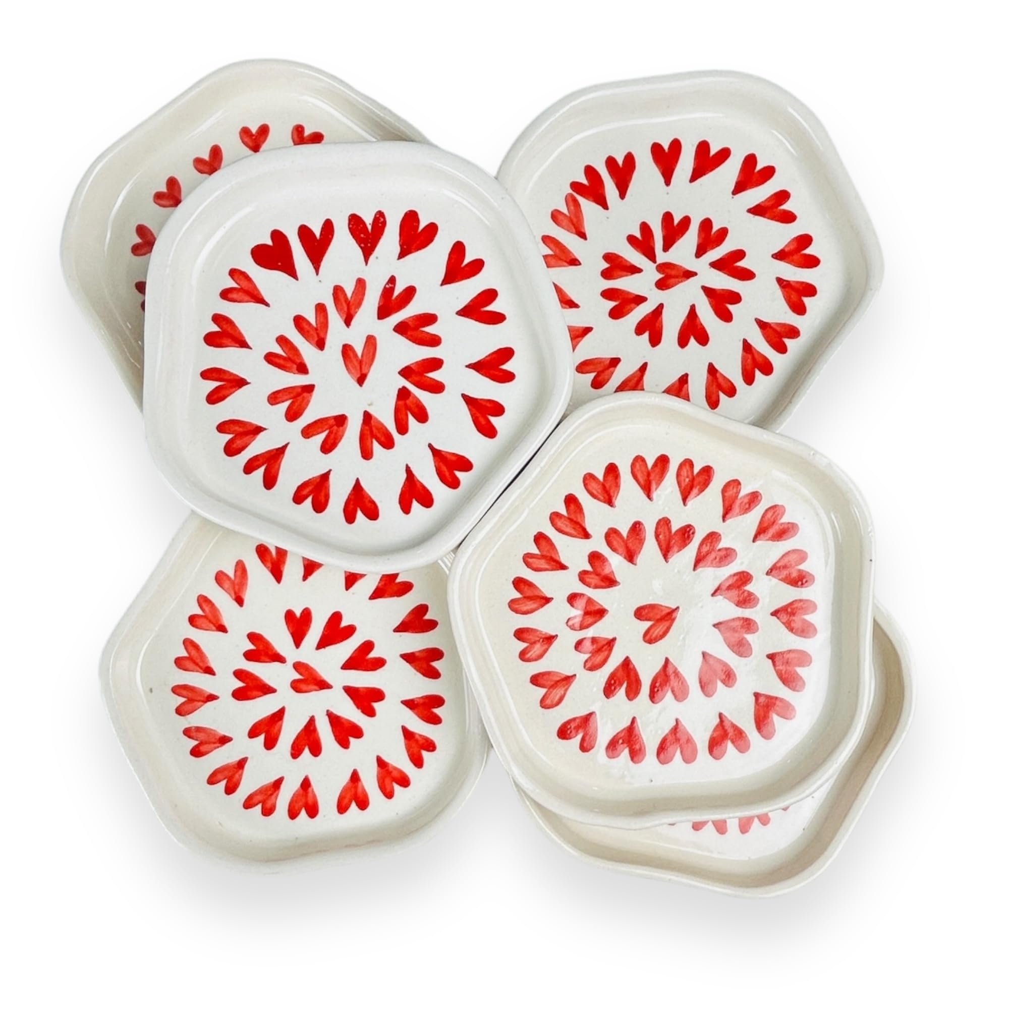 CERAMIC DINING Red Heart Ceramic Dessert Plates- Set of 6 || Snack Plates || Side Plates