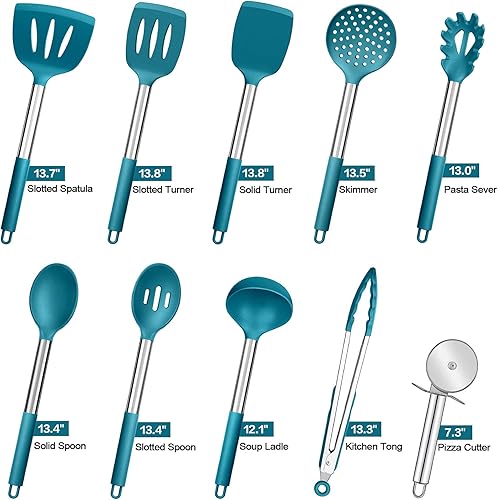 Miniatura 7 de P&P CHEF - Juego de 10 utensilios de cocina de silicona resistente al calor con mango de acero inoxidable, incluye espátula, cuchara, pinzas,