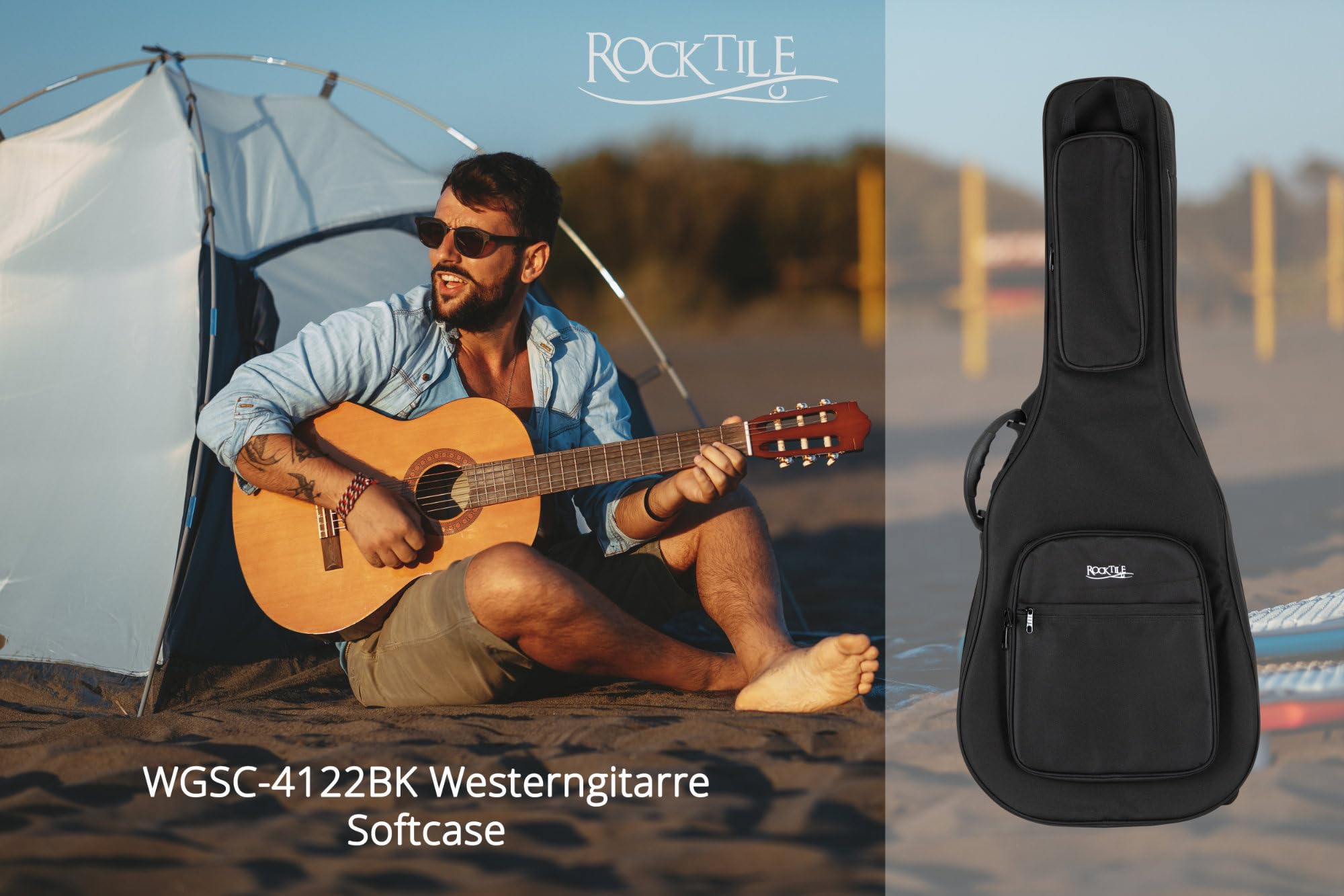 Rocktile WGSC-4122BK Housse Souple épaisse et rembourrée pour Guitare Western, Support Manche réglable, 3 Grandes Poches extérieures, Harnais Sac à Dos, Couleur Noire.