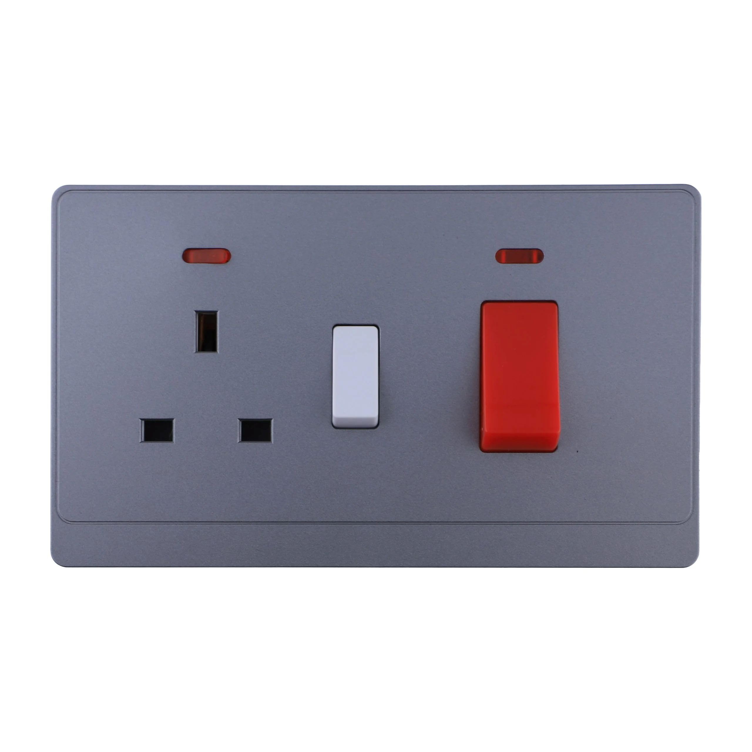 45A Cooker Control Unit with 13A Switched Socket & Neon Indicators, PC Classic Range, Double Gang (3x6) Wall Switch, Grey - P-S031