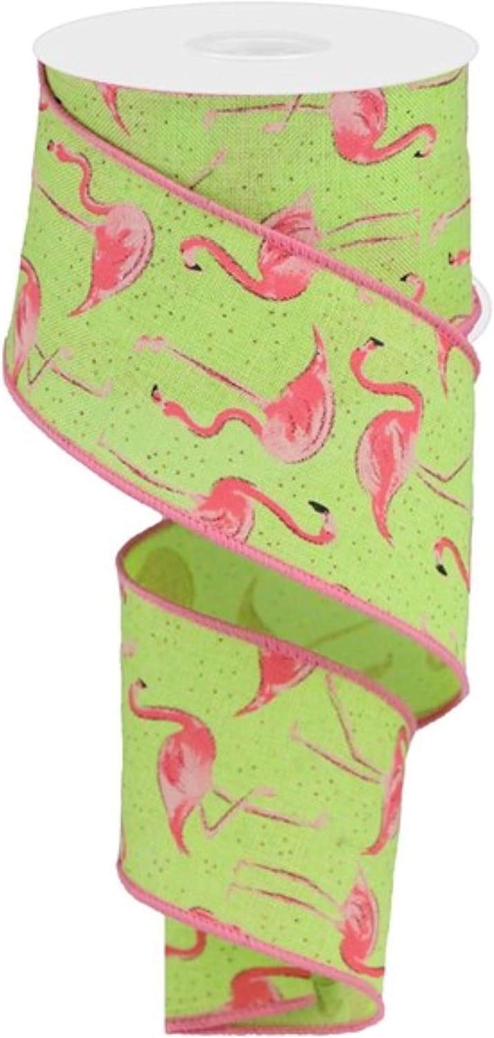 グリッター フラミンゴ 有線エッジ リボン、10ヤード (ブライトグリーン、2.5インチ)