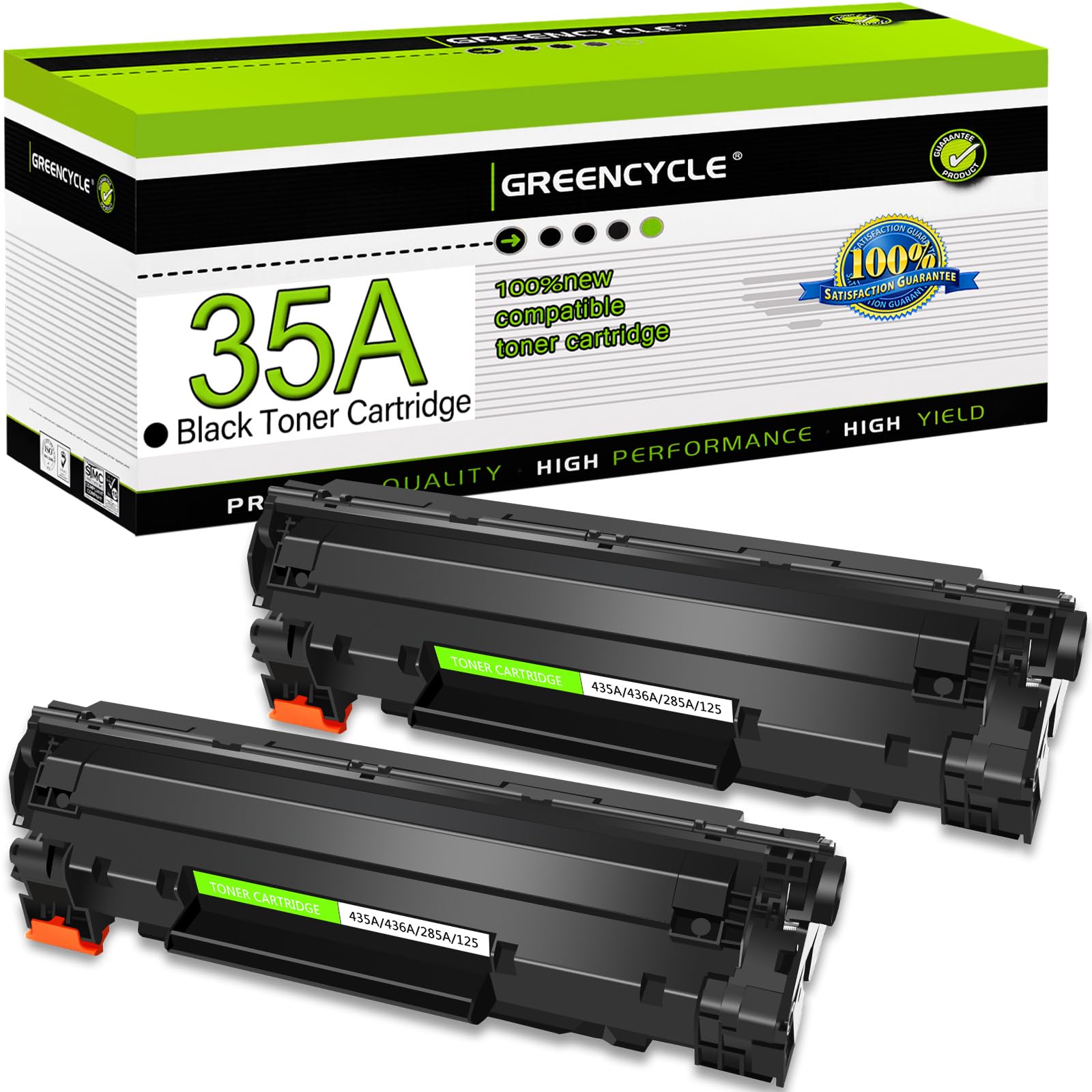 greencycle 2 PK Compatible CB435A 35A Black Laser Toner Cartridges Replacement for HP LaserJet P1005 P1006 P1007 P1008 P1009 Printer