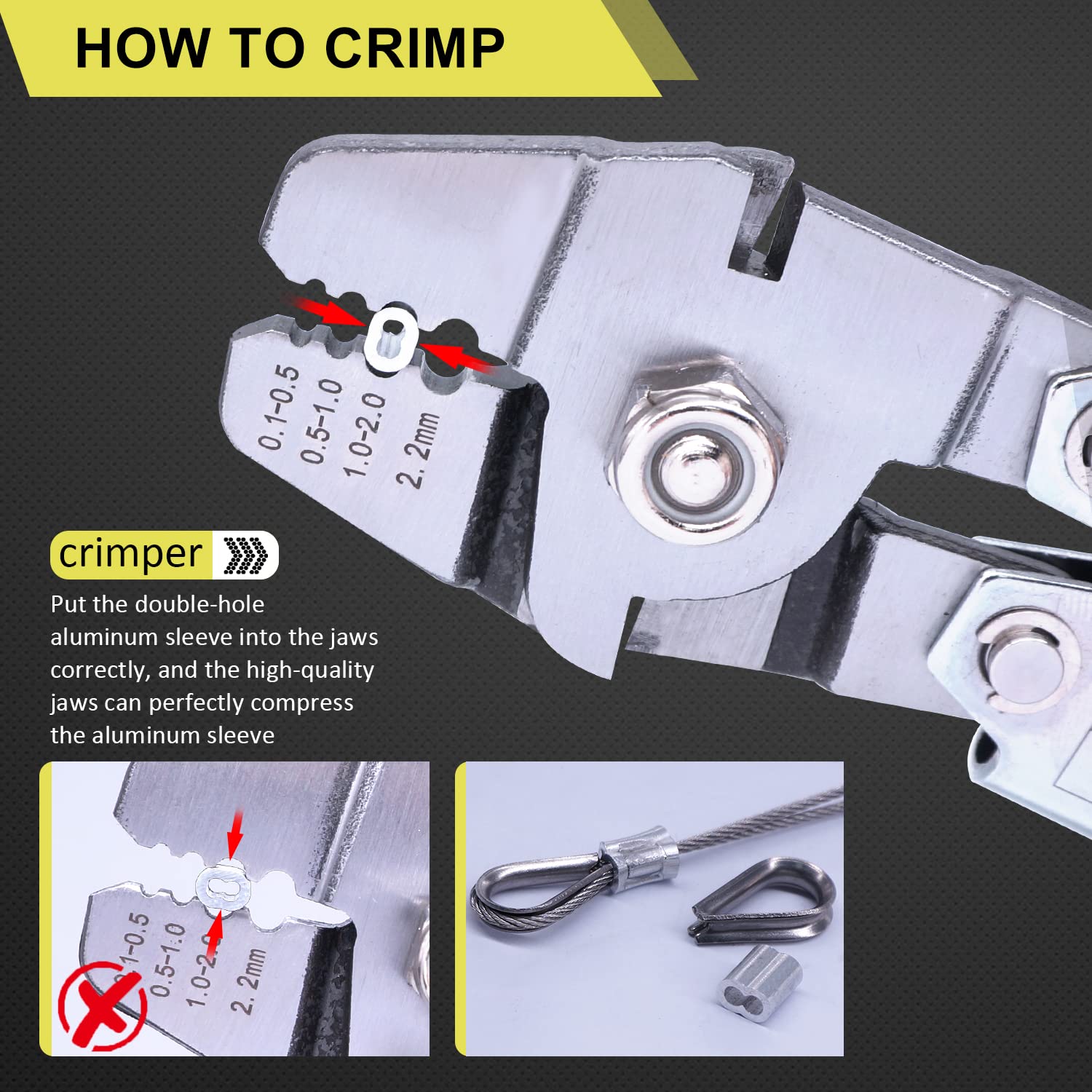 Twidec/Up to 2.2mm Wire Rope Crimping Tool with 382PCS 1/16''Aluminum Crimping Loop Sleeve and 1/16 Wire Rope 60FT 20PCS Stainless Steel Thimble Kit