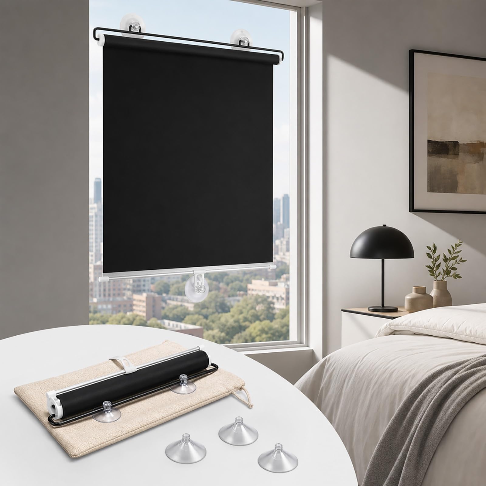 Cortina Opaca Reflectante, Persiana Enrollable con Ventosa, Estores Temporales Portátiles Sin Taladrar, Estor Enrollable Opaco Protección Solar para Ventanas y Puertas Privacidad(65Wx130H cm)