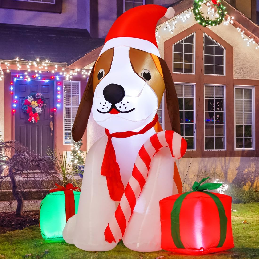 GOOSH 5 FT Christmas Inflatables Dog Outdoor Decorations Blow Up Beagle Dogs with Gift Box with Built-in LEDs for Xmas Party Indoor Garden Lawn Decor