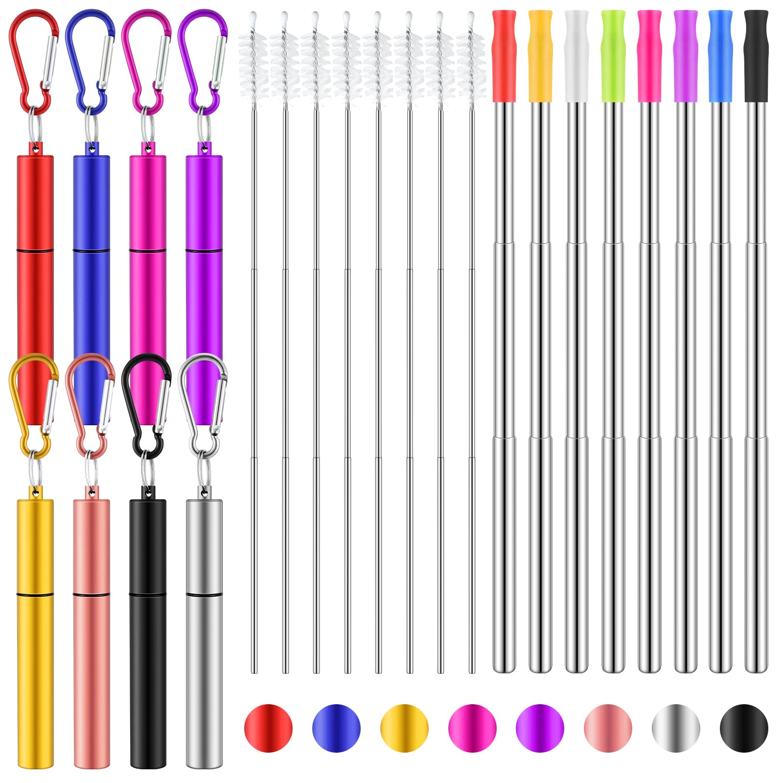 Zubebe 8 Pack Reusable Metal Collapsible Travel Straws Portable Stainless Steel Drinking Foldable Cruise Straw with Silicone Tip, Cleaning Brushes,