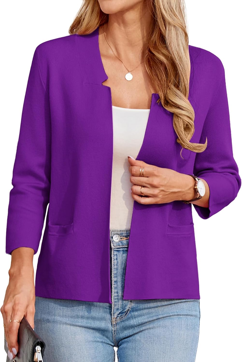GRACE KARIN Women Sweater Blazer 3/4 Sleeve Cropped Cardigan Lightweight Notch Collar Knit Blazer Jacket Business Casual