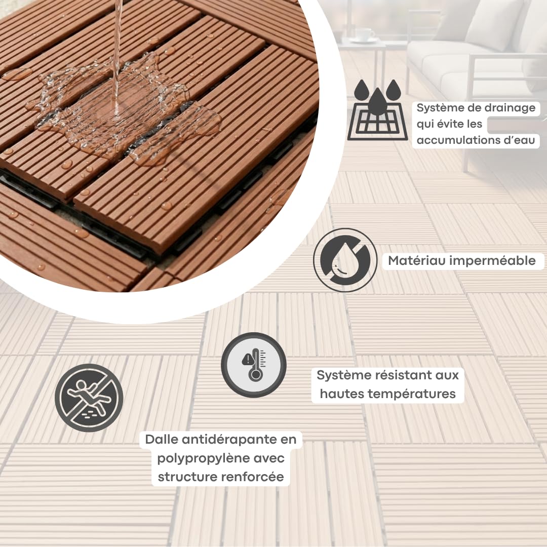 ActivoTex Dalles Terrasse WPC 30x30 cm Lot de 10 – Dalle Clipsable Extérieur Antidérapante, Sol Terrasse Extérieur et Sol Balcon Exterieur Résistant à l’Eau pour Salle de Bain et Douche