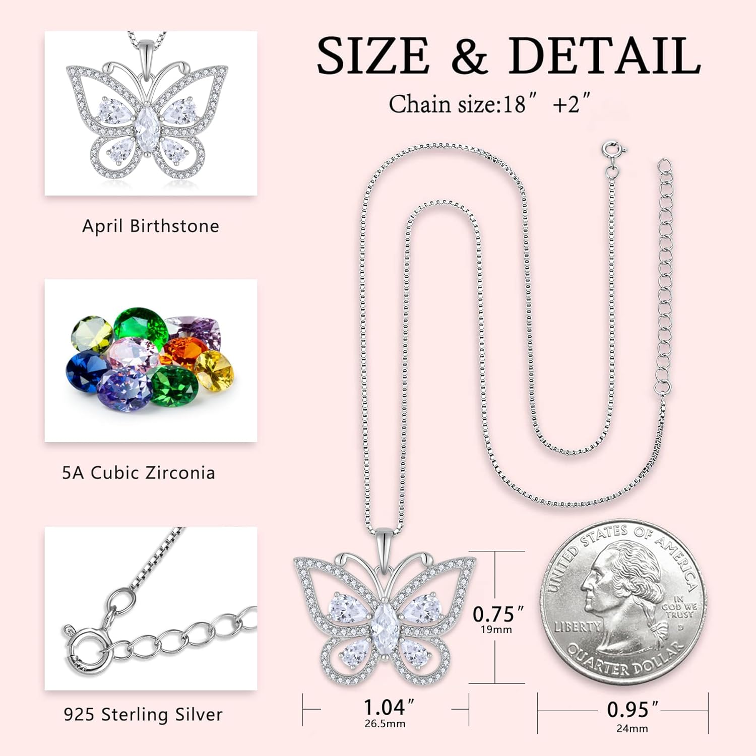 Women's Butterfly Birthstone Pendant Necklace 925 Sterling Silver 5A Cubic Zirconia Jewelry for Mother's Day Valentine Birthday Gifts for Her - Image 5
