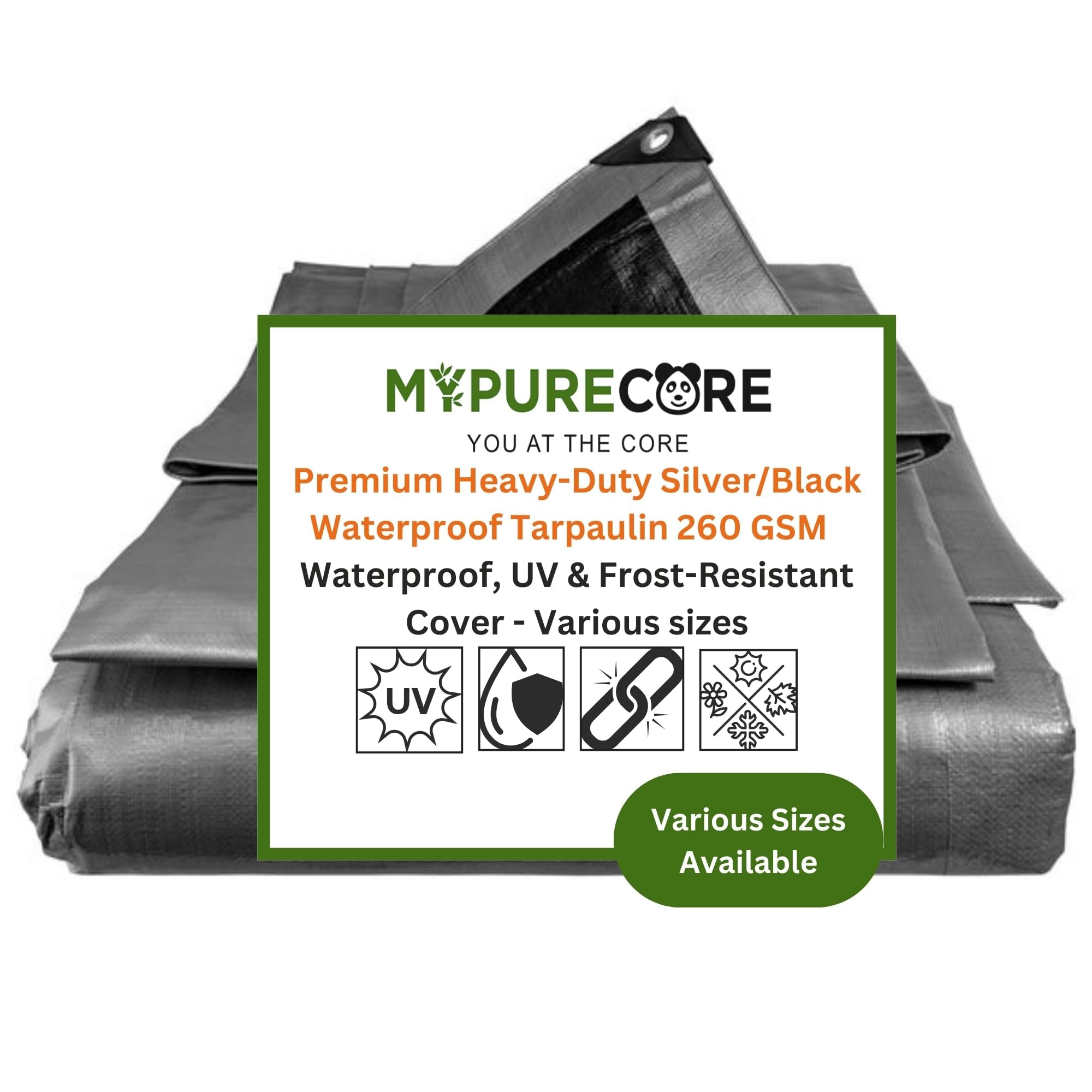 MYPURECORE Premium Heavy-Duty Tarpaulin 260 GSM - Waterproof, UV & Frost-Resistant Cover - Versatile for Camping, Garden, Gazebo, Trailer - Silver/Black Sheet with Reinforcement Edge (4m x 6m)