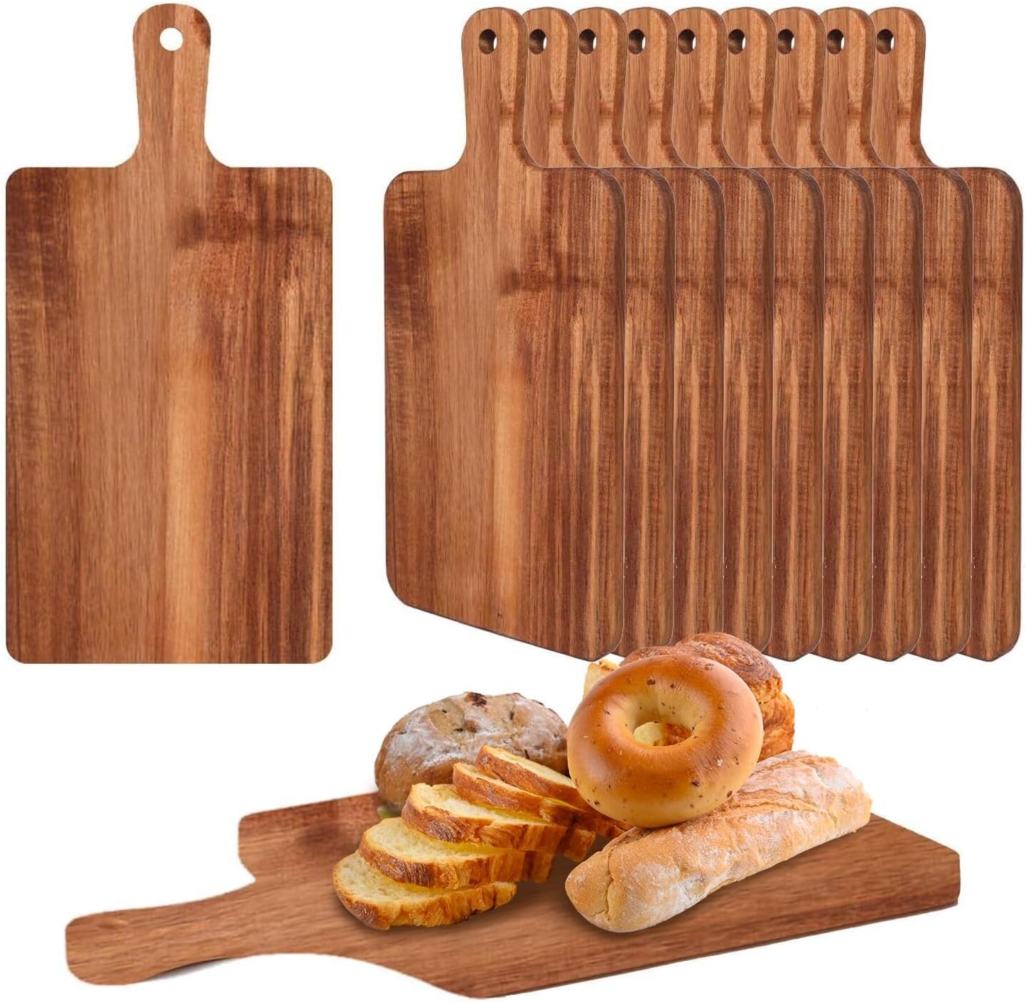 10 Pcs Wood Cutting Board with Handle 15.7x7.7 Inch Wooden Charcuterie Board Kitchen Chopping Boards, Acacia Cutting Board Bulk for Pizza, Bread, Cheese, Charcuterie, Fruit, Vegetables