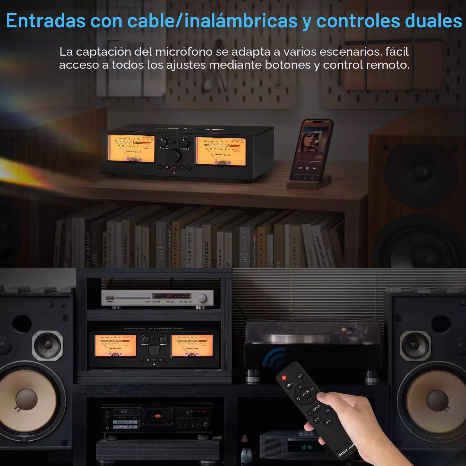 DoukAudio VU3PRO - Medidor VU analógico dual, interruptor de amplificador de 2 vías, selección de altavoces, amplificador de audio, 2 en 2 salidas con pastilla MIC y pantalla de panel DB