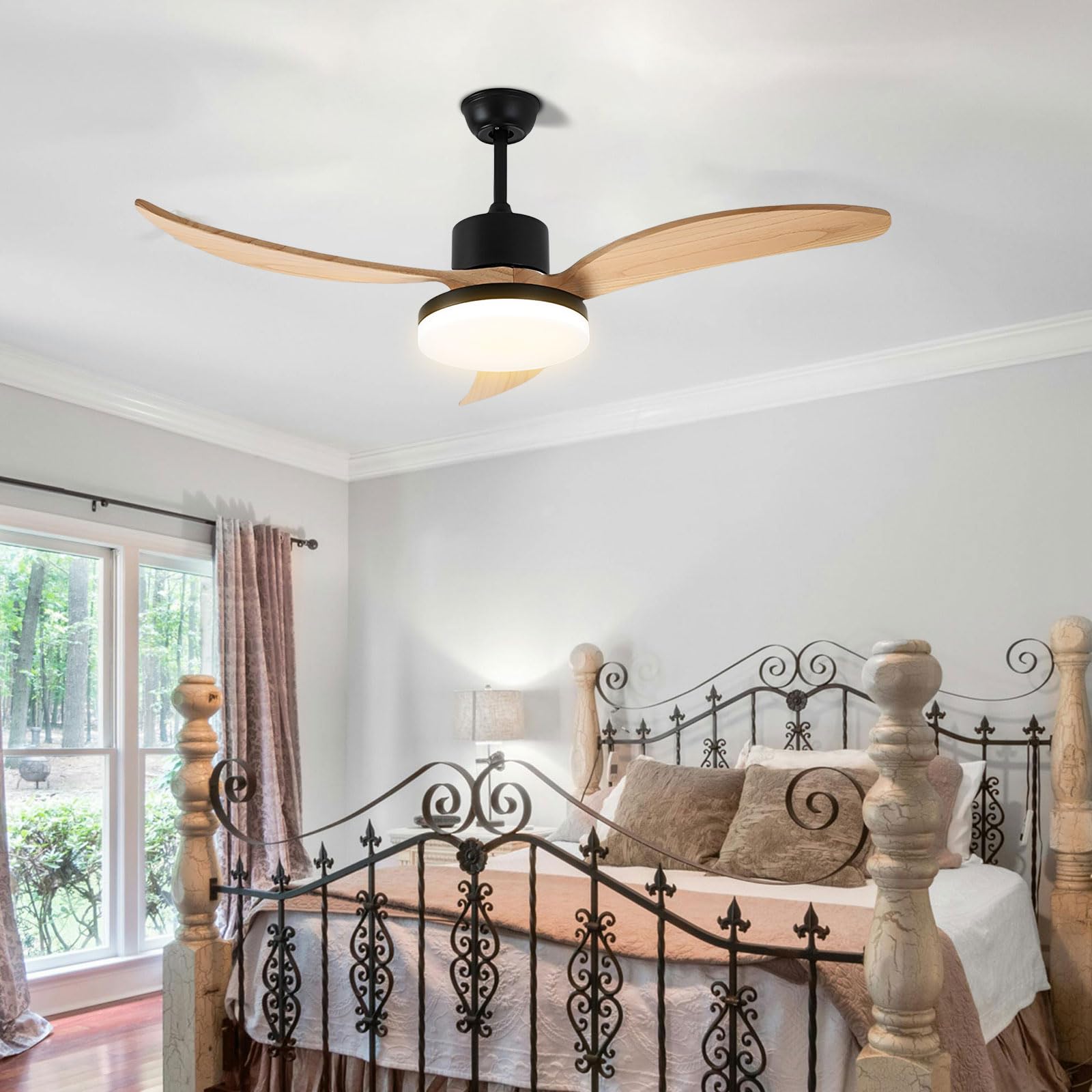 Ventilador de Techo con luz Regulable, silencioso, con Motor de CC, Control Remoto, 6 velocidades, 3 aspas de Madera, diseño Moderno de 30 W, Ideal para Dormitorio, Sala de Estar y