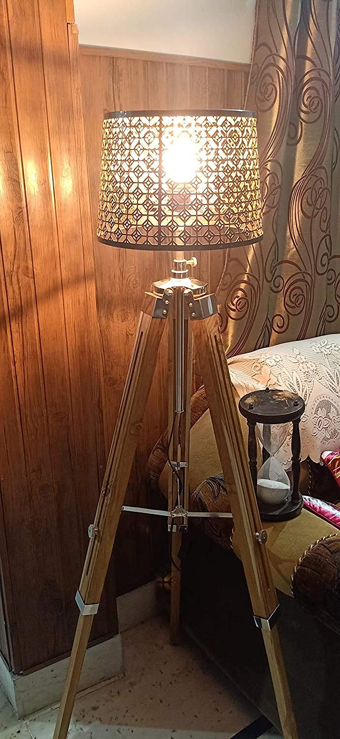 Antique Teak Wood Big Tripod Floor Lamp Stand Light with 12 inches Metallic Color Shade Black and Wiring and Bulb ( Full Height 62 inches)-image-3