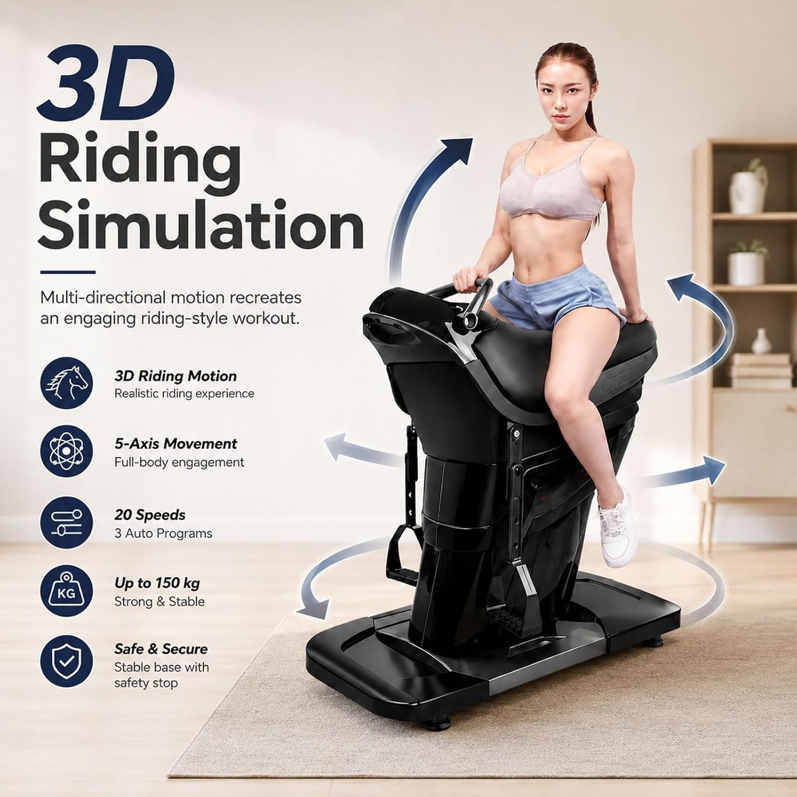 Máquina De Equitación Eléctrica, 200 W, Simulador De Equitación 3D para Interiores, Capacidad De 150 Kg, con Función Bluetooth, 20 Velocidades, Monitor De Calorías, Equipo De Fitness.