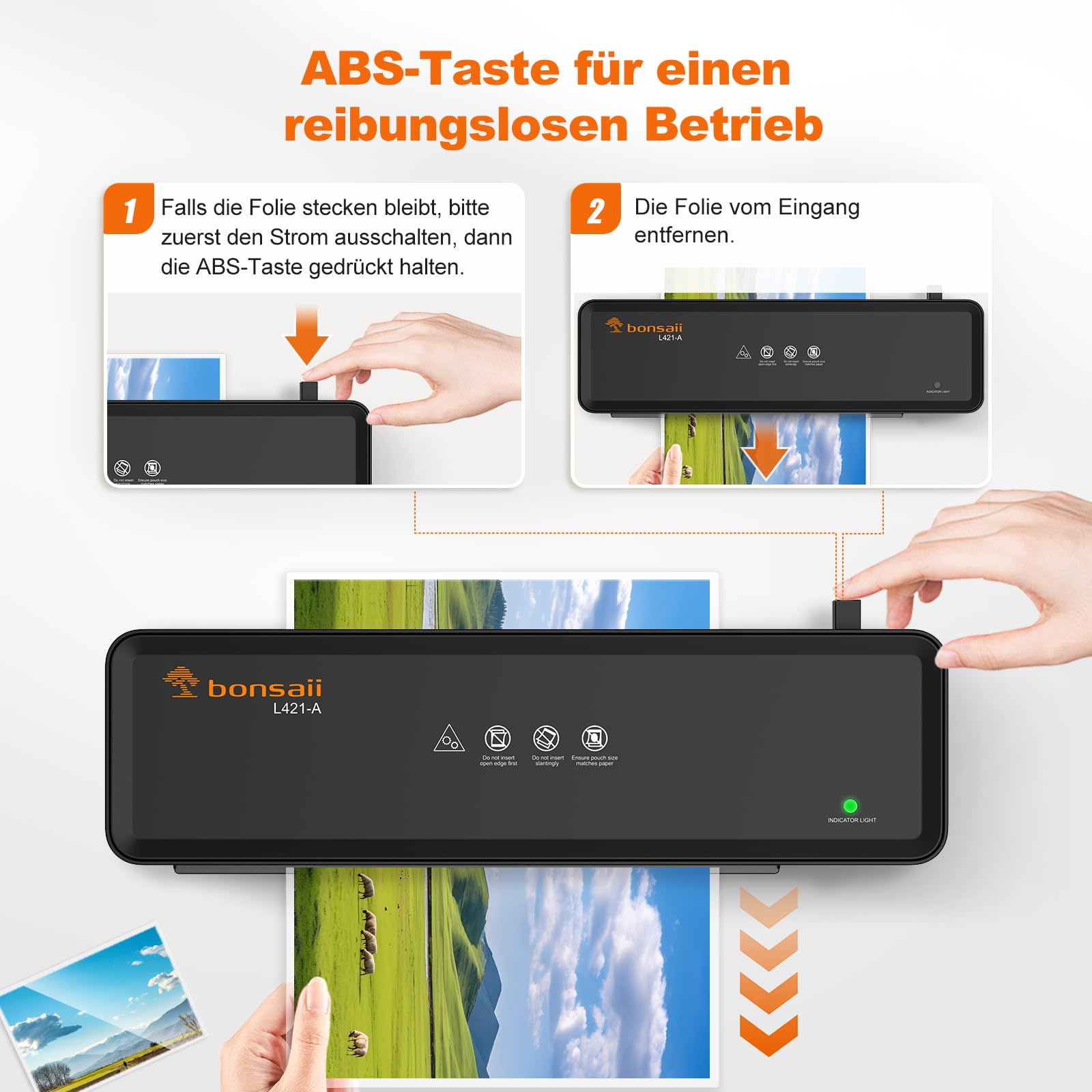 Bonsaii Laminator A4 z odblokowaniem ABS | Dla 80-100 mikronów; łatwe odblokowanie po zacięciu, w zestawie 10 kieszeni A5/A6. L421-AB