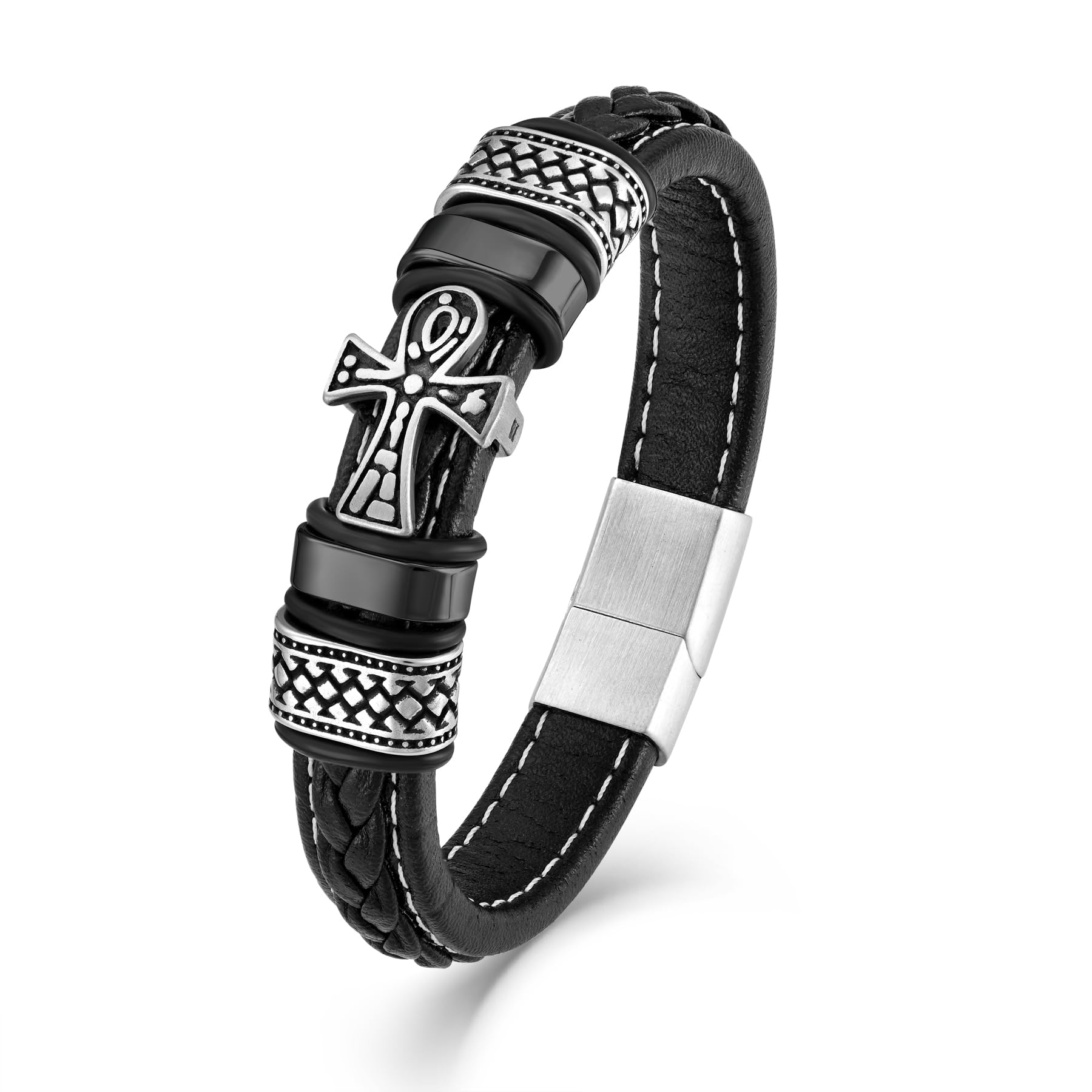 Bracelet en cuir et acier inoxydable avec croix pour homme