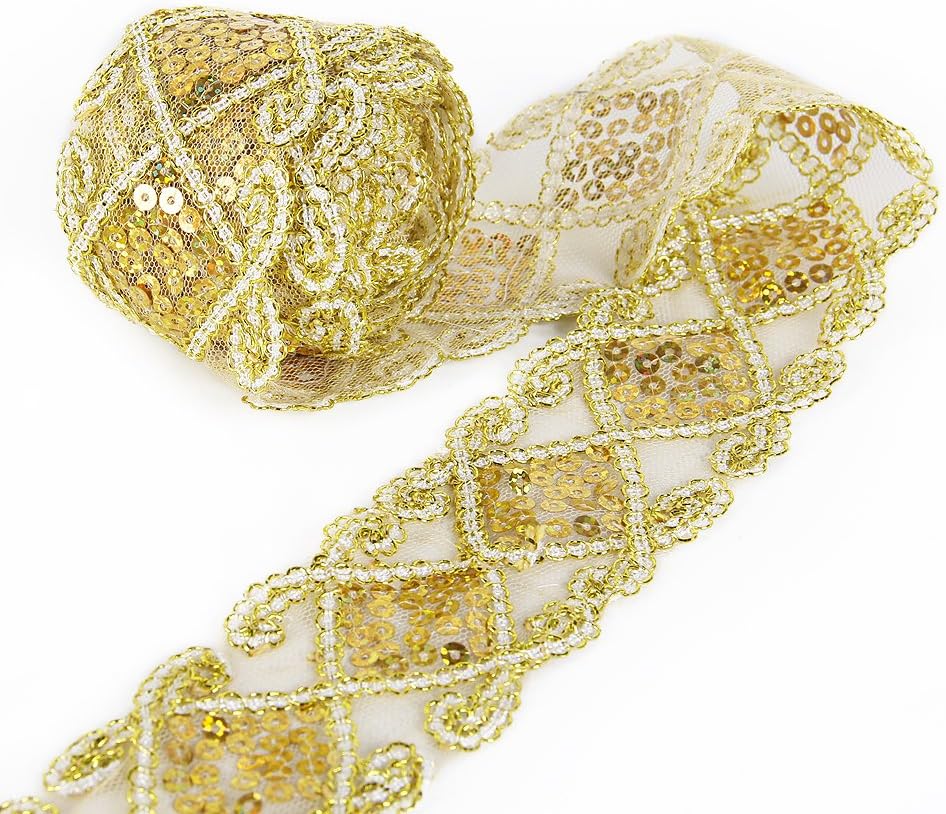 Sequins Lace Mesh Trim Lace Ribbon Applique Sewing Craft Supplies 10 Yards for Clothing Curtain Table Runner Making Decorating (Gold)