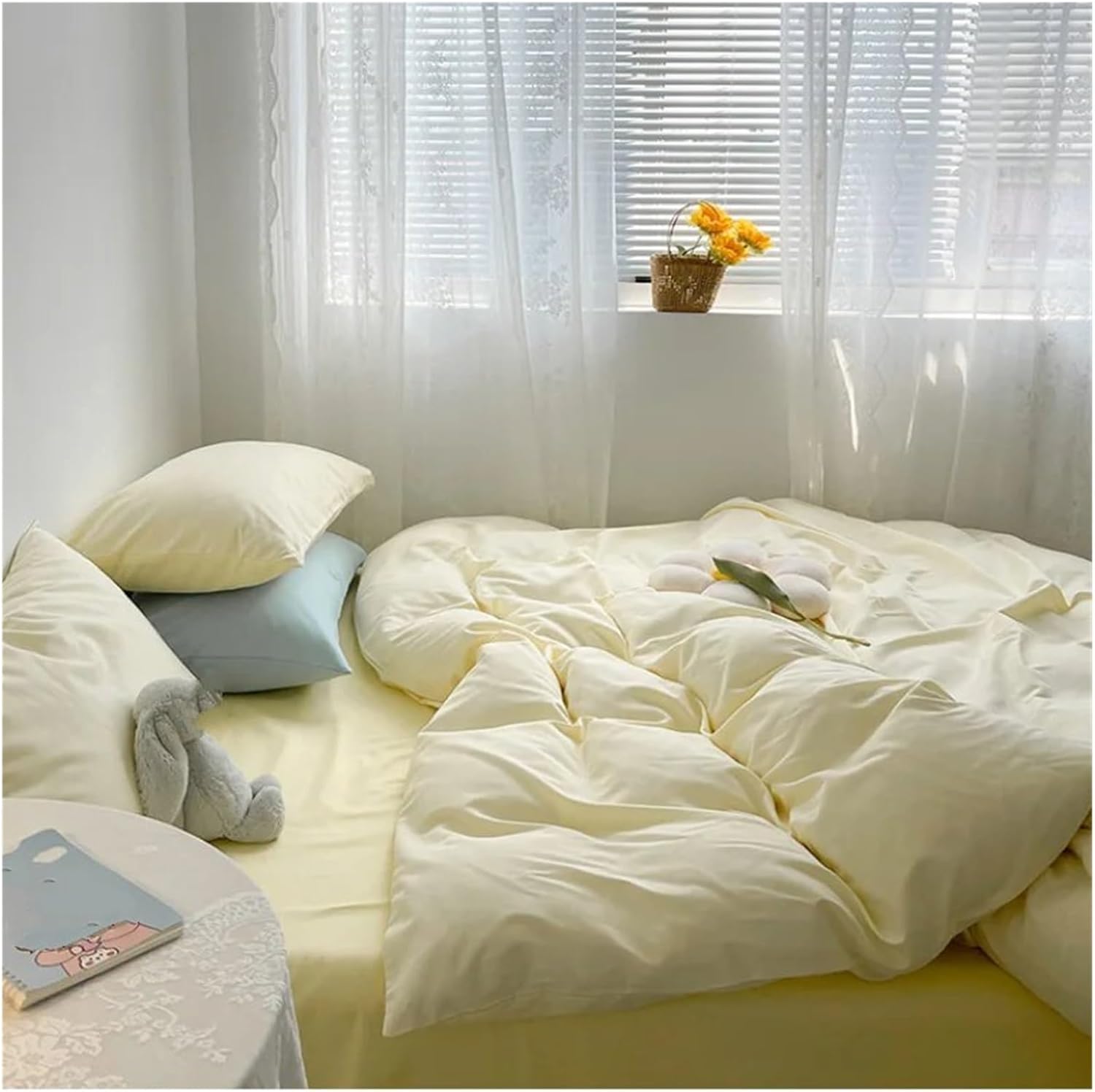 Bed, Bedding Set Washed Cotton Solid Color Simple Bed Sheet Quilt Cover Pillowcase Four-Piece Set