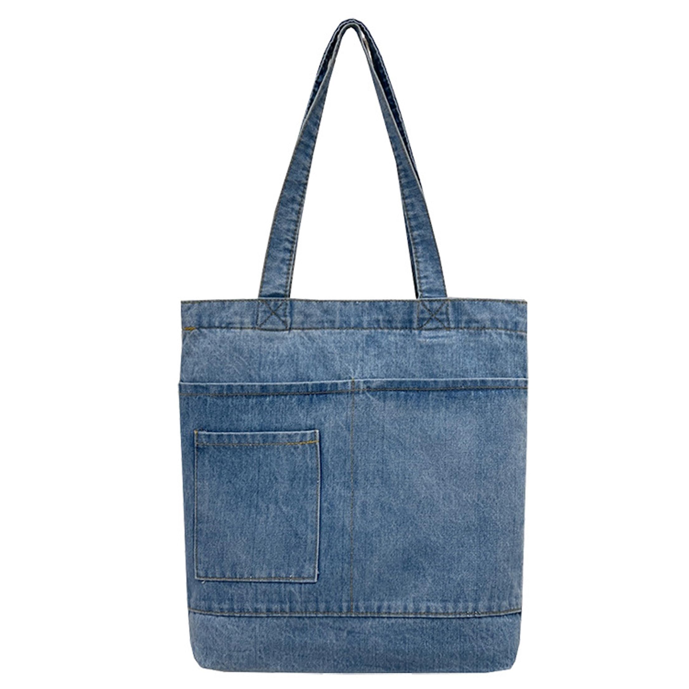 Striegro Denim Tote Bag, Multi-pocket Denim Shoulder Bag for Women Casual Minimalist Zippered Jean Purse for School Office Daily, Light Blue.