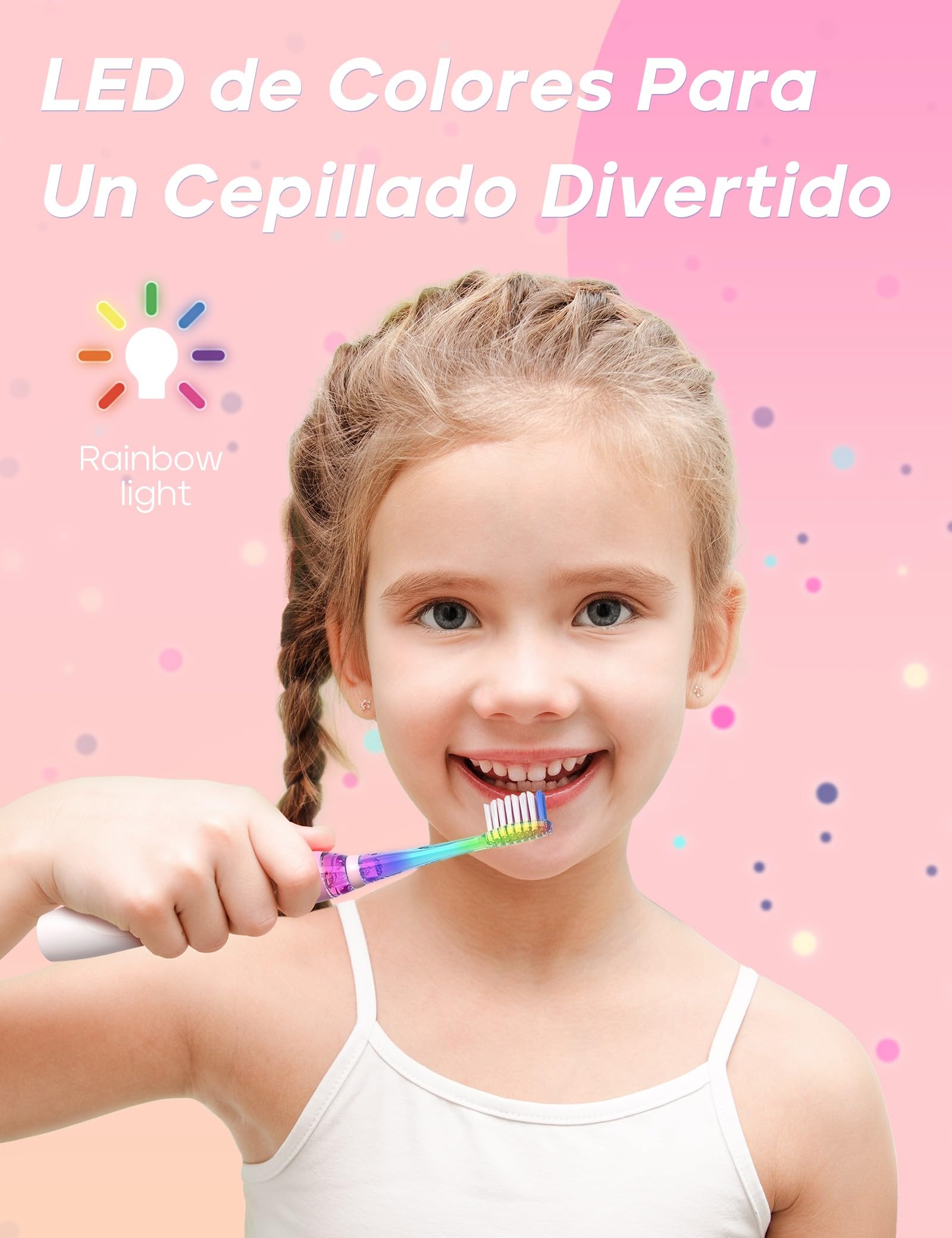 Seago SG977 Cepillo Eléctrico Infantil - 24.000 Vibraciones con Luz LED, 4 Cabezales de recambio extra suaves, Temporizador de 2 minutos, IPX7 Impermeable para Niños de 3 Años en adelante - Rosa