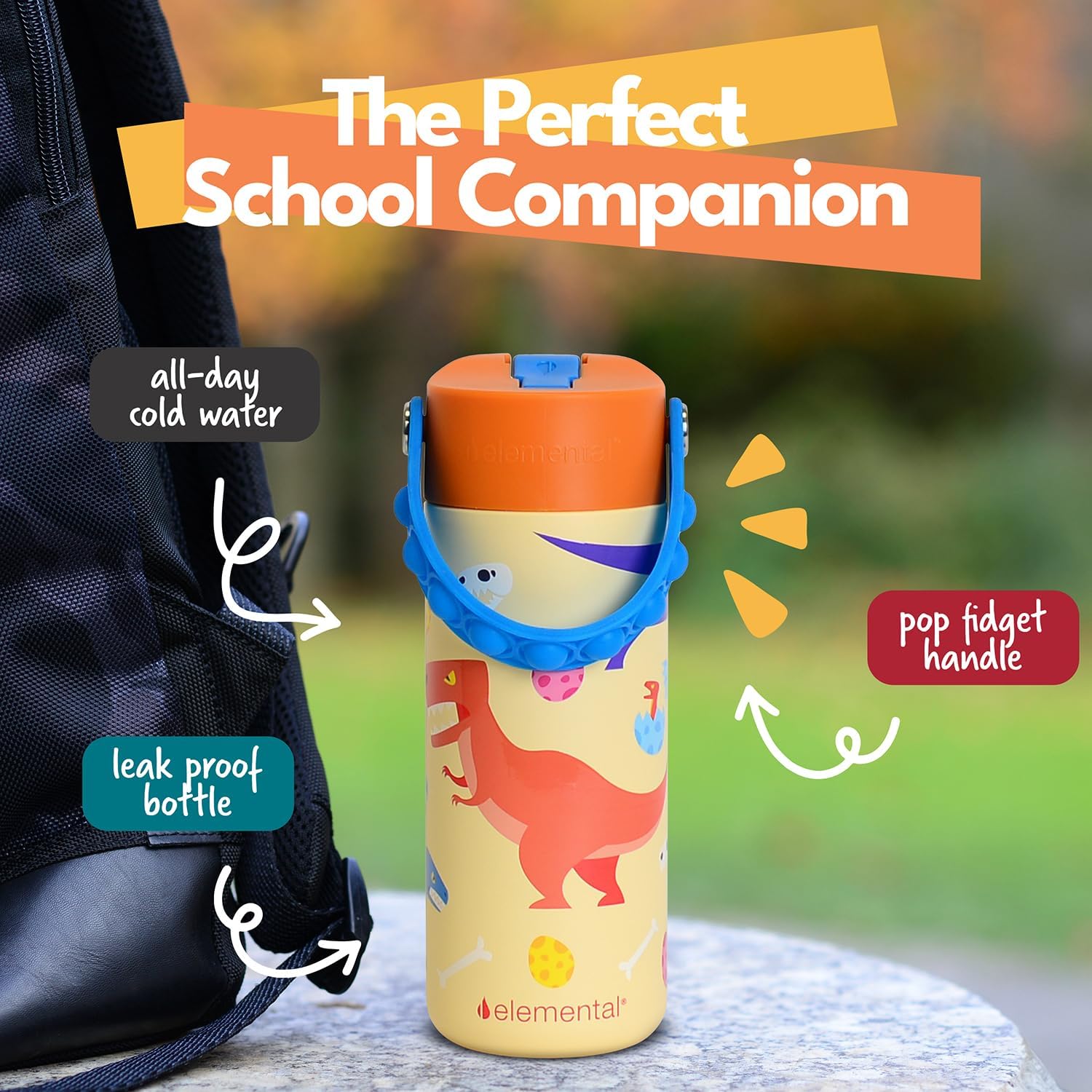 Elemental Insulated Kids Water Bottle, Stainless Steel Water Bottle with Straw Lid & Pop-It Handle, Leak-Proof Water Bottles for School, Boys or Girls, Travelling and Sports, 18oz - Dino Rage - Image 5