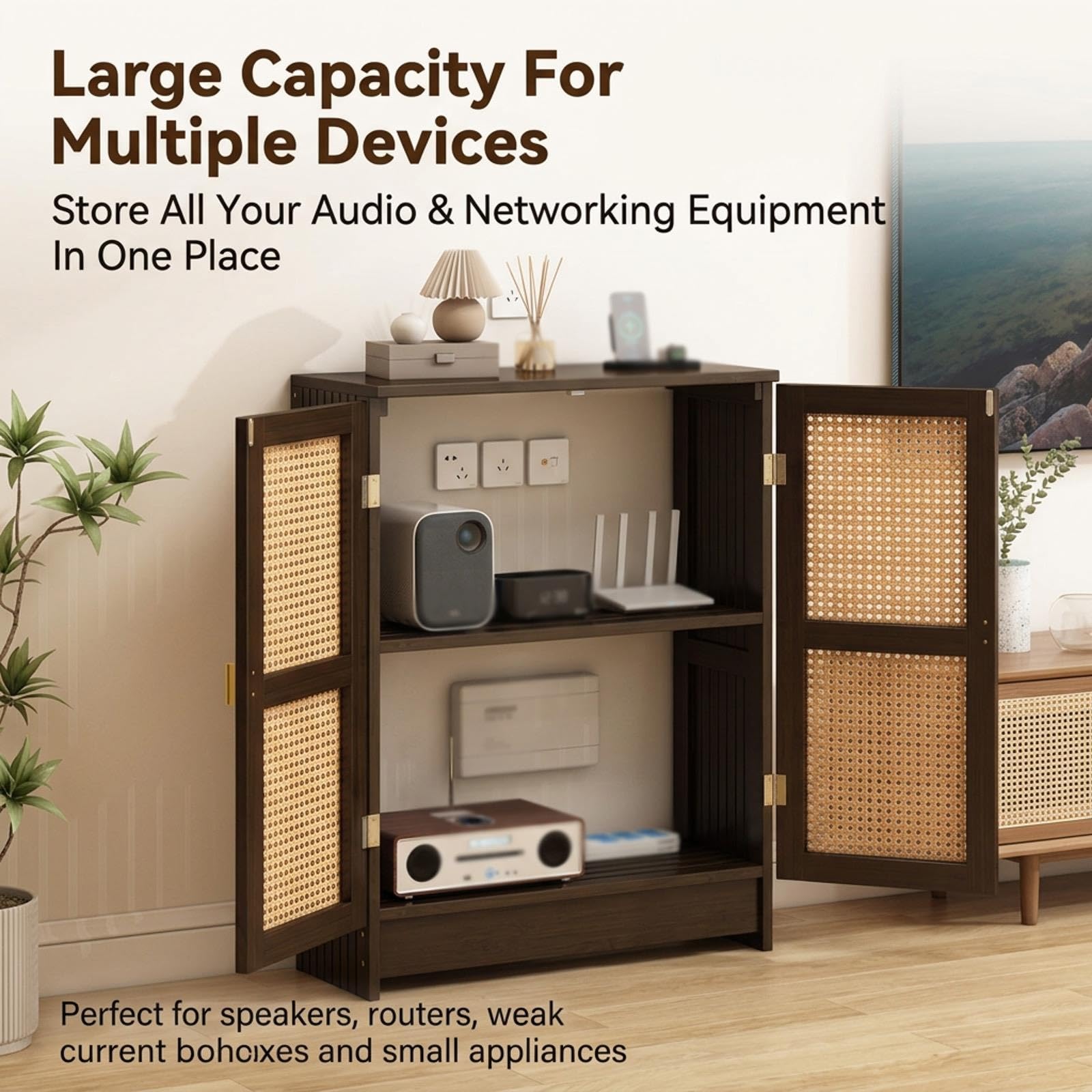 Mueble Audio Multimedia de Suelo con Puerta de Ratán