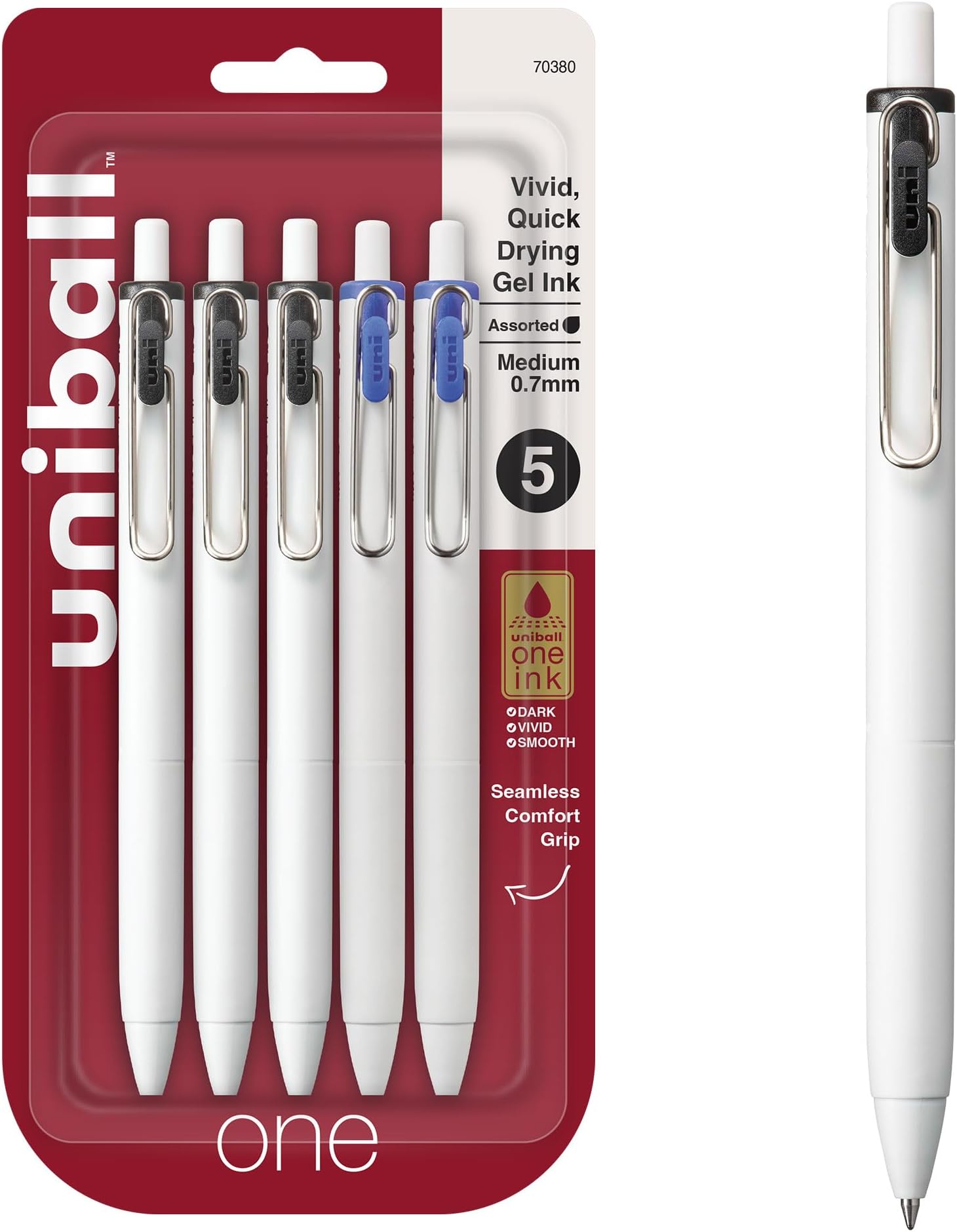uniball one Retractable Gel Pens, Medium Point (0.7mm), Black and Blue Ink, 5 Pack