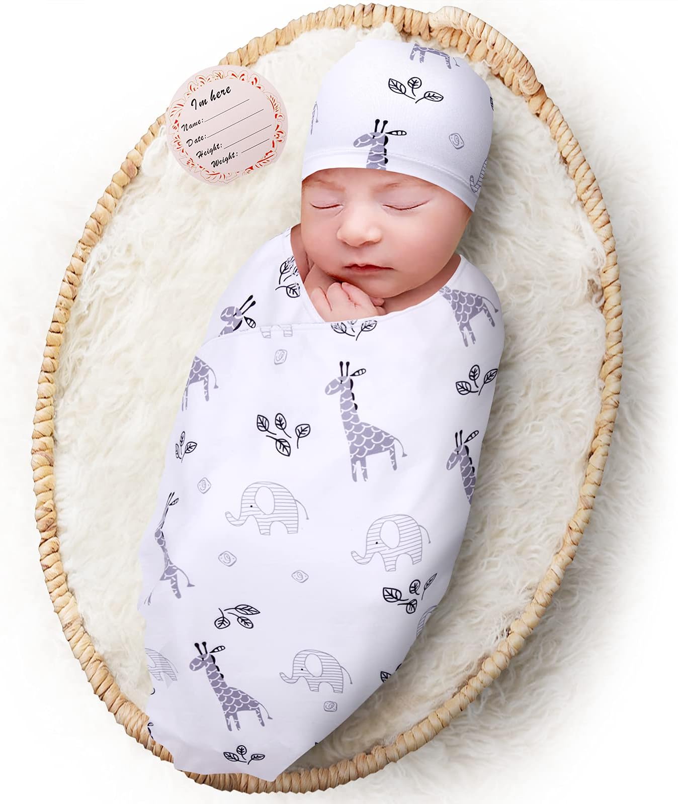 ElsteyNewborn Swaddle Receiving Blanket Hat Set for 0-3-6 Months Babies, Soft Nursery Wrap for Infant Boy Girl, Stretchy Swaddling Sleep Sack, Baby Photography Props, Perfect Shower Gift (Giraffe)