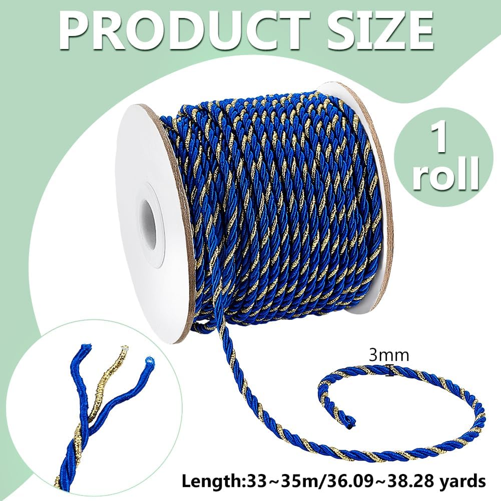 PH PandaHall 36 Yards 3-Ply Twisted Cord 3mm Round Braided Rope Blue Gold Metallic Thread Rope Shiny Twisted Decorative String for String Knitting Home Decor Graduation Honor Cord Wrapping