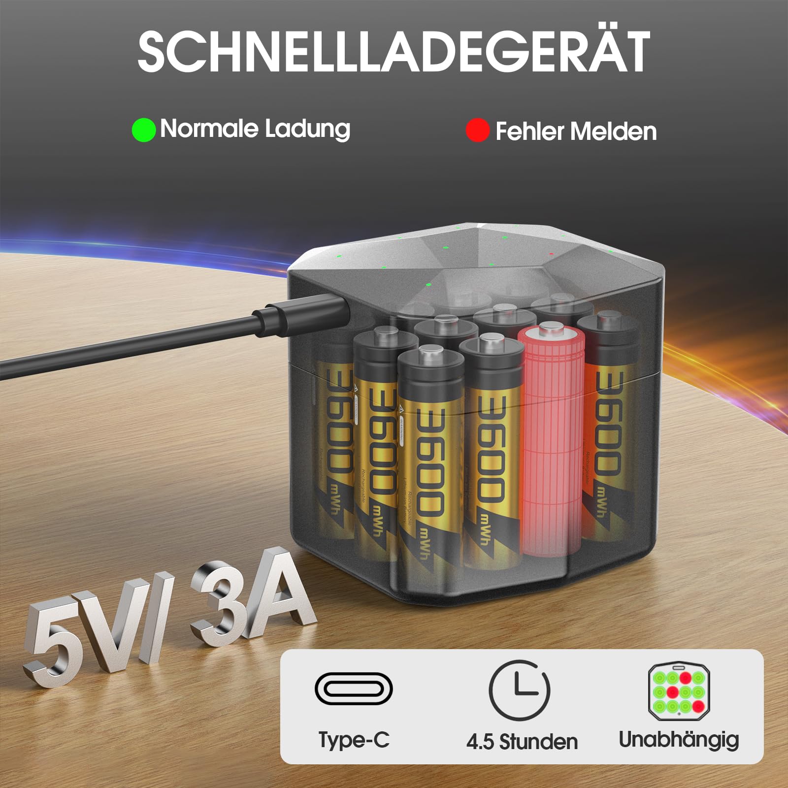 Lot de 12 piles AA rechargeables au lithium avec chargeur, 1,5 V, 3600 mWh, piles AA haute capacité, 2000 cycles rechargeables (doré)