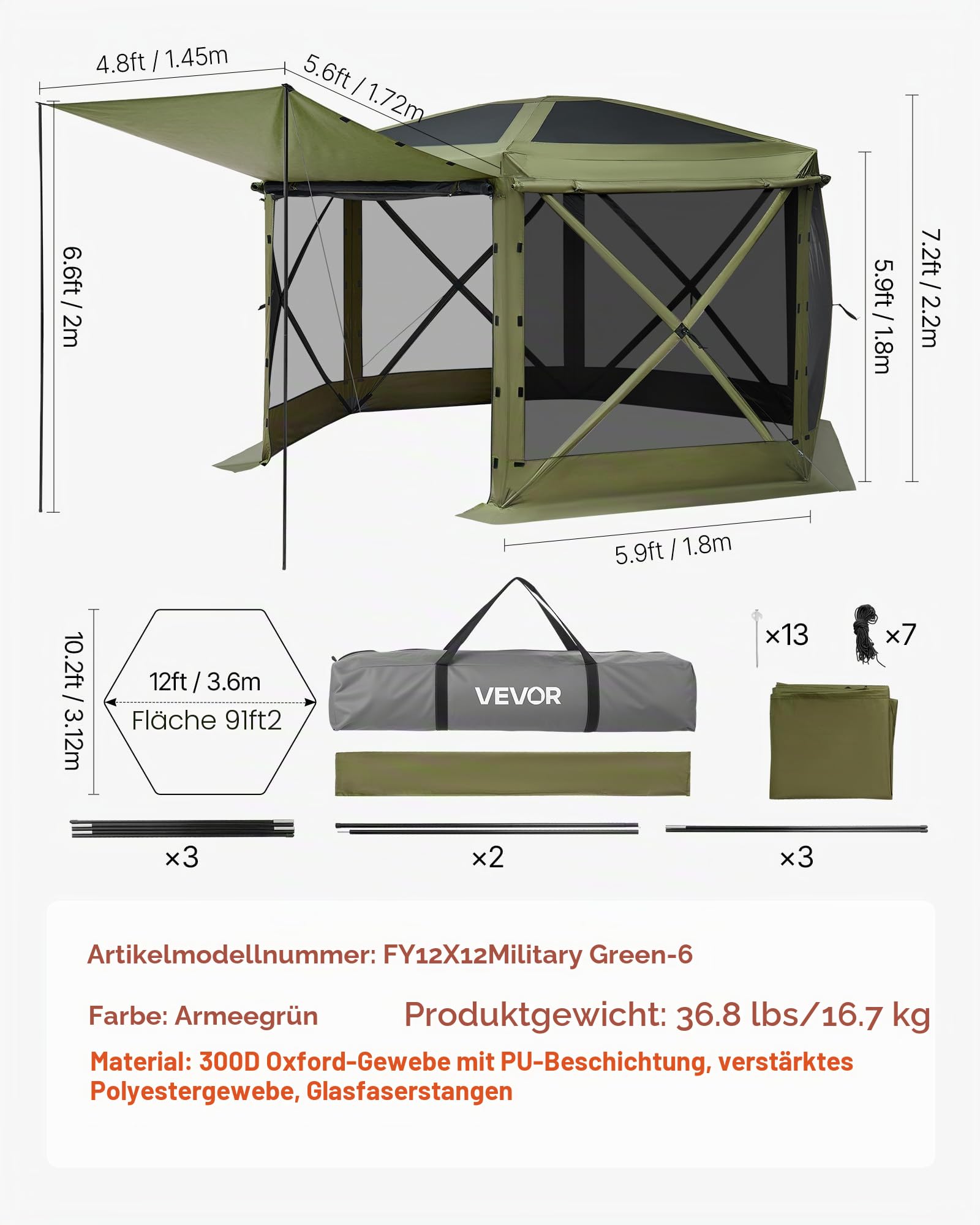 VEVOR Pop-up-Pavillon, 3,6x3,6 m, großes 6-seitiges Campingzelt mit abnehmbarem Dach & Tragetasche, Partyzelt, Sonnenschutz für 8-10 Personen, für Garten & Terrasse, Grün
