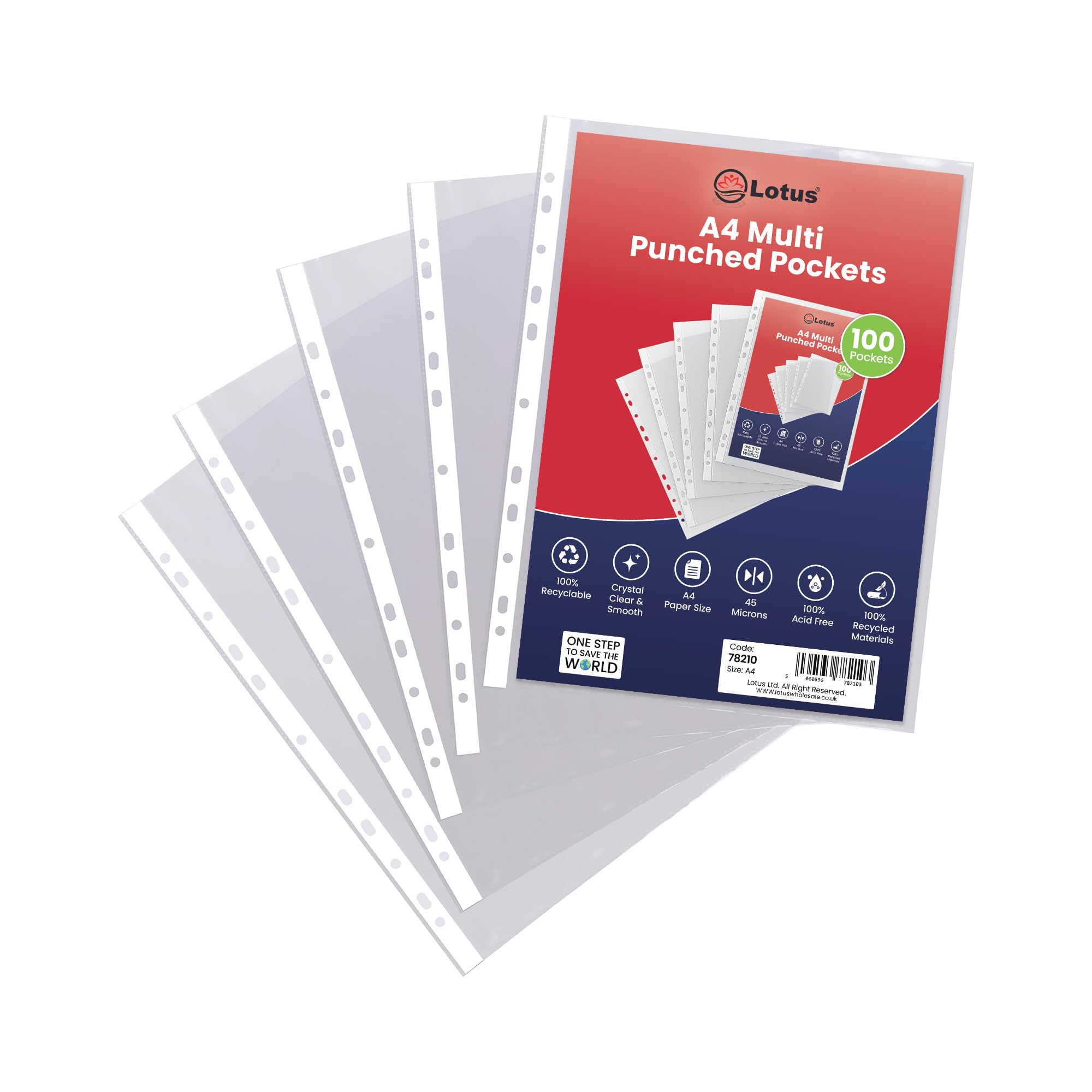 Lotus Premium Punched Pocket A4 Poly Wallets | Ultra-Durable 45 Micron Transparent Sheet Protectors | Crystal Clear Document Sleeves for Superior Organization & Protection - 78210 (Pack of 100 x 10)