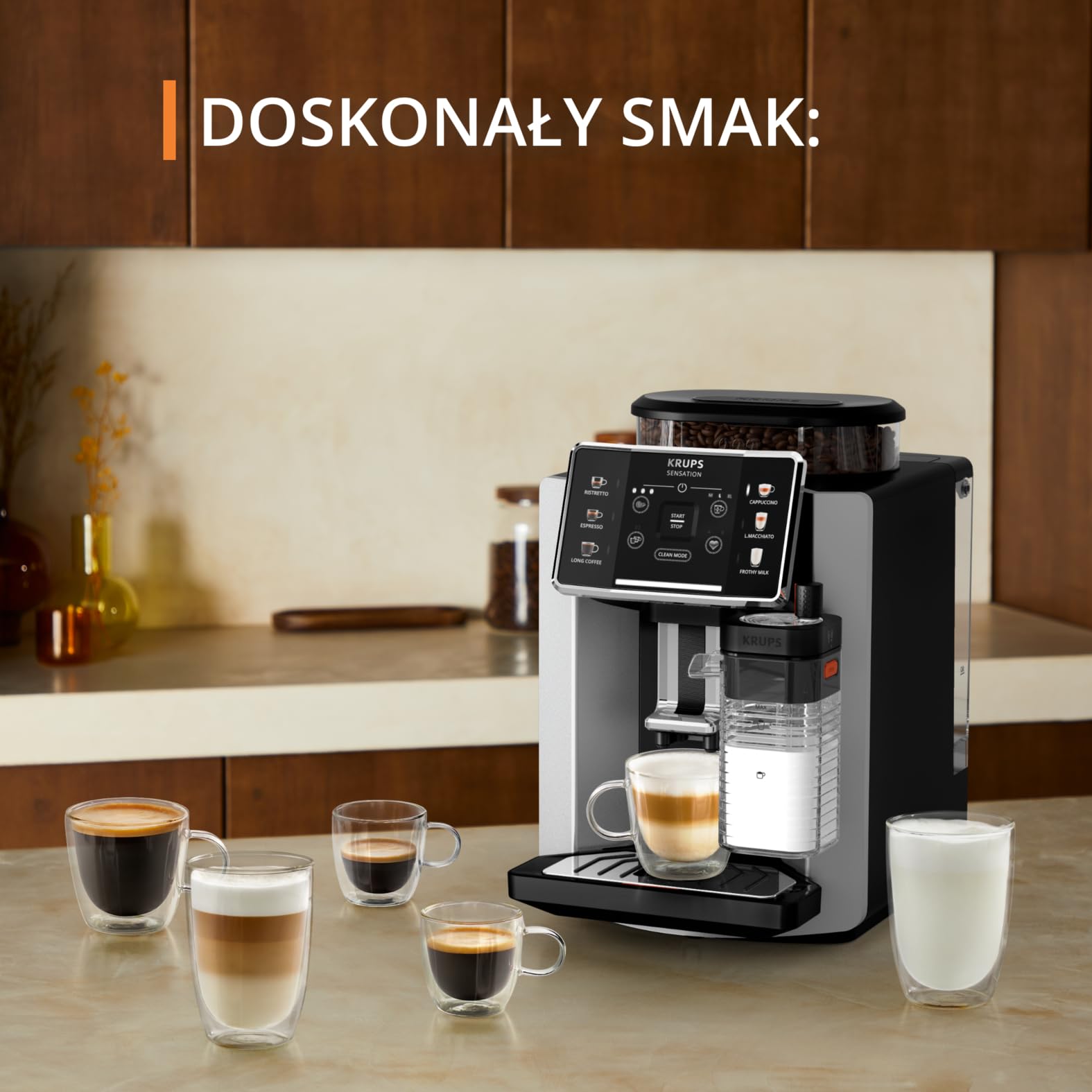 KRUPS EA912E Ekspres automatyczny SENSATION MILK M50 System Milk Maestro, 6 rodzajów kawy, wyświetlacz LED, system Thermoblock, automatyczne czyszczenie tabletką, stalowy młynek, czarno-srebrny