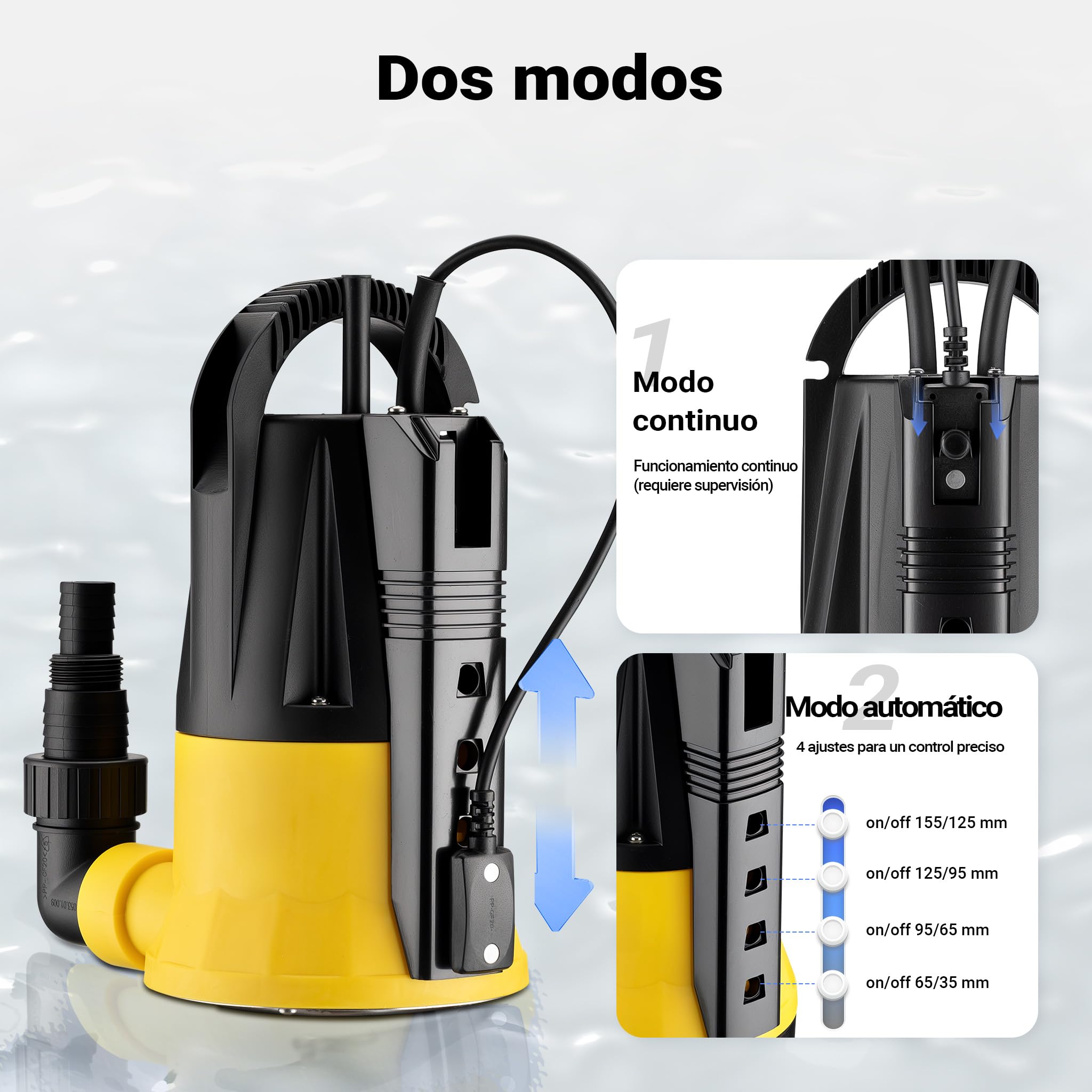 Wiltec Bomba de agua sumergible 400W con sensor, caudal 7300 l/h, 2 modos de uso, altura de descarga 7,5 m, PPO y acero inoxidable, ligera y anticorrosiva