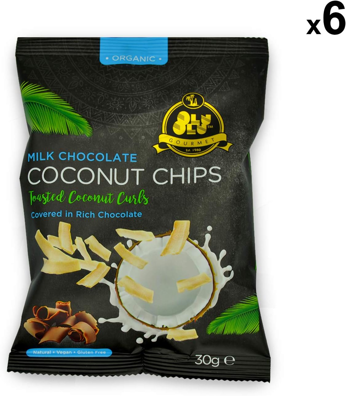 Olu Olu Coconut Chips, Toasted Coconut Curls, Milk Chocolate Flavour. 6 Pack