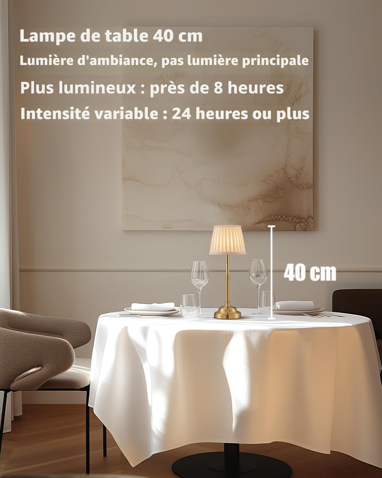 Lampe de table LED sans fil à intensité variable - Lampe de chevet rétro - Batterie - 4000 mAh - Convient pour l'intérieur, l'extérieur, le bar, le salon (abat-jour doré + beige)