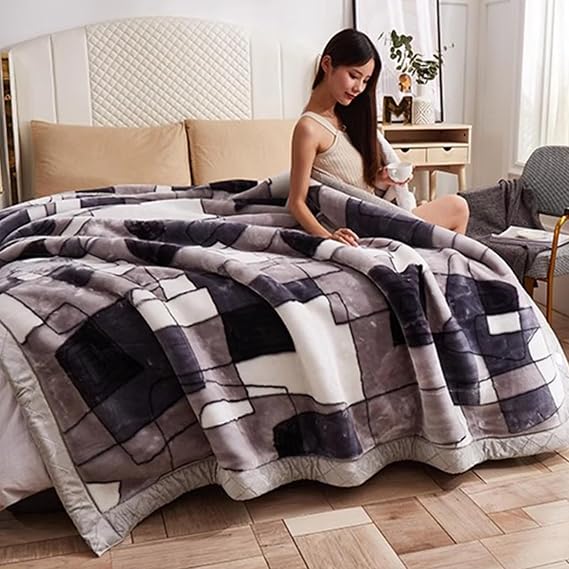 Korean Mink Blanket Queen Size, Thick Heavy Warm Fleece Blanket for Winter Full Size Bed,Reversible Luxury Vintage Thermal Blankets, Double Layer Blankets for Chilly Nights(70x87 inch, Line)