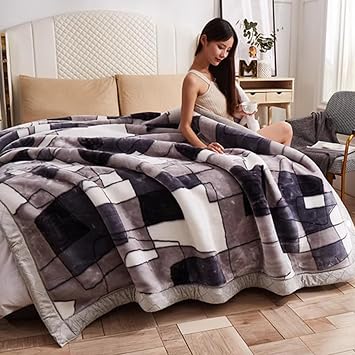 Korean Mink Blanket Queen Size, Thick Heavy Warm Fleece Blanket for Winter Full Size Bed,Reversible Luxury Vintage Thermal Blankets, Double Layer Blankets for Chilly Nights(70x87 inch, Line)