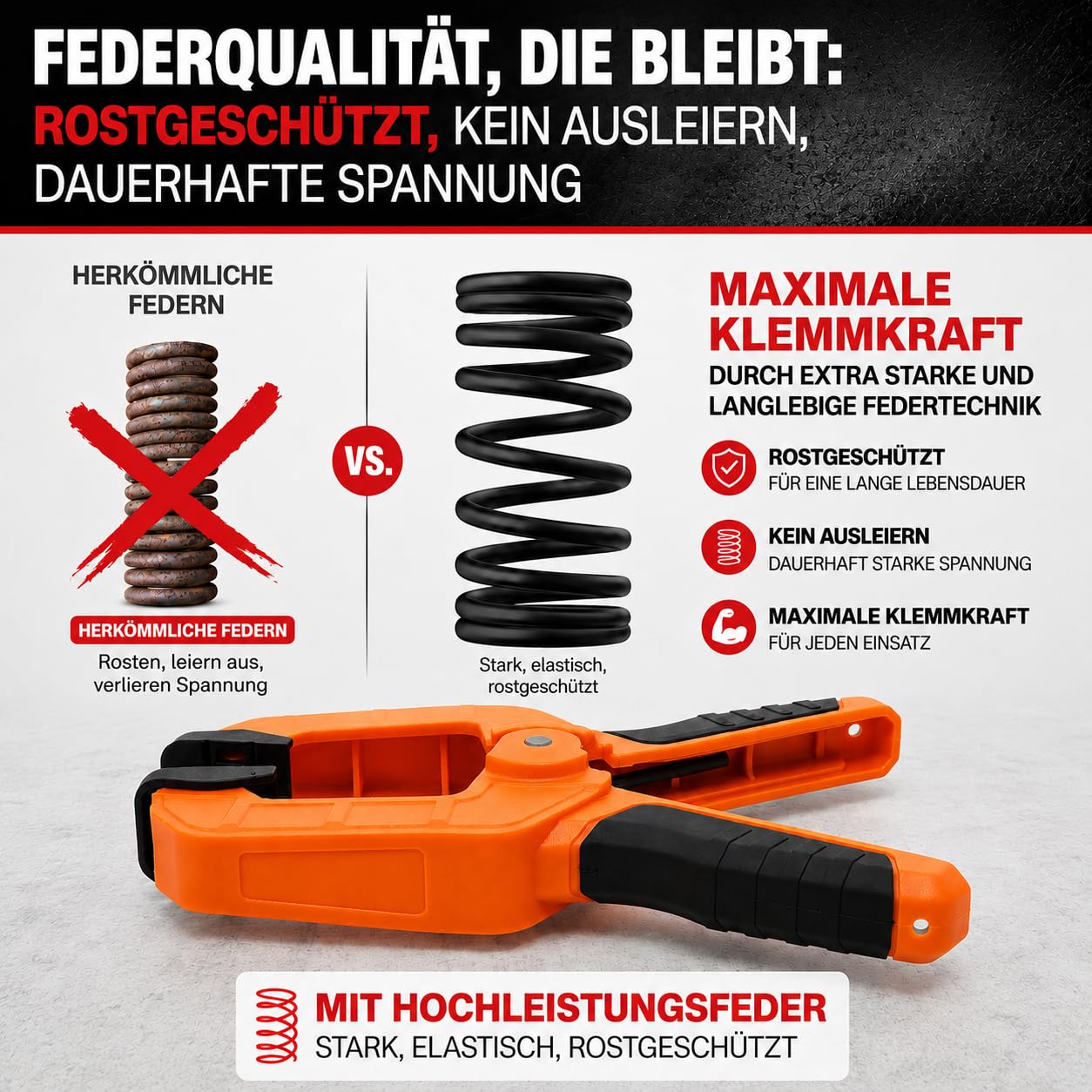 ExpertenWerk Klemmzwingen 10er Set für DIY, Werkstatt, Pool & Fotografie – extra starke Federklemmen mit 8 cm Spannweite & 15,4 kg Spannkraft – rostgeschützte Hochleistungsfeder – Designed in Germany