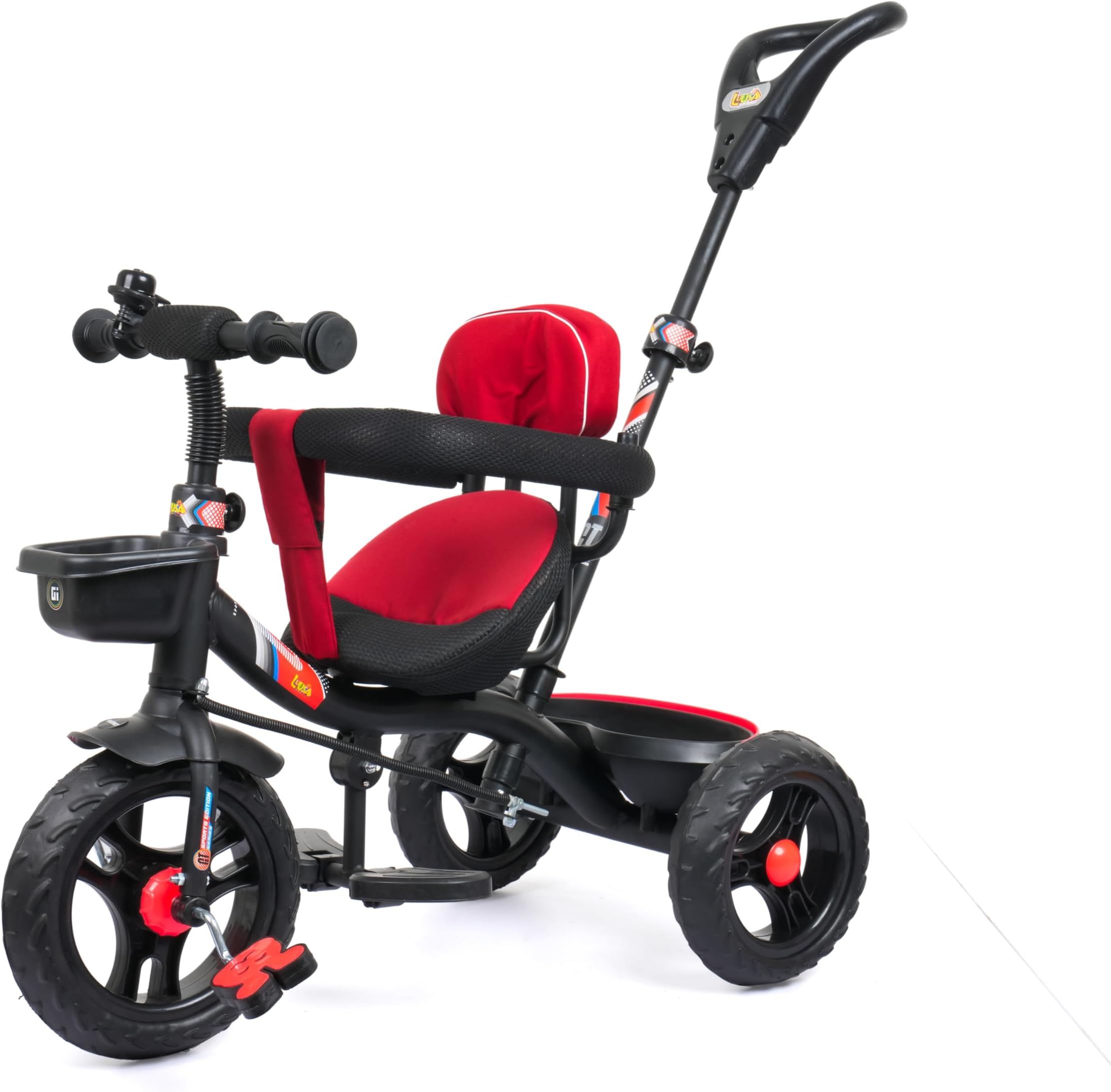 Babyhug Stalwart Plug & Play Tricycle With Parental Handle & Seat Cover - Red Black| High Backrest| Non-slip Pedals| Removable Safety Bar| Foldable Footrest| Puncture Proof Wheels| Durable Frame