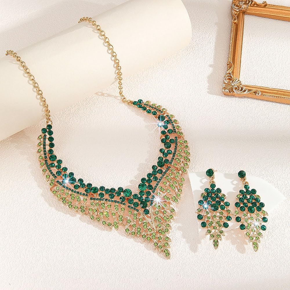 Missgrace Retro Large Green Rhinestones Crystal Bridal Wedding Jewelry Sets Crystal Choker Necklace Earrings Set Prom Formal Bar Party Teardrop Dangle Dainty Necklace Earrings for Women - Image 5