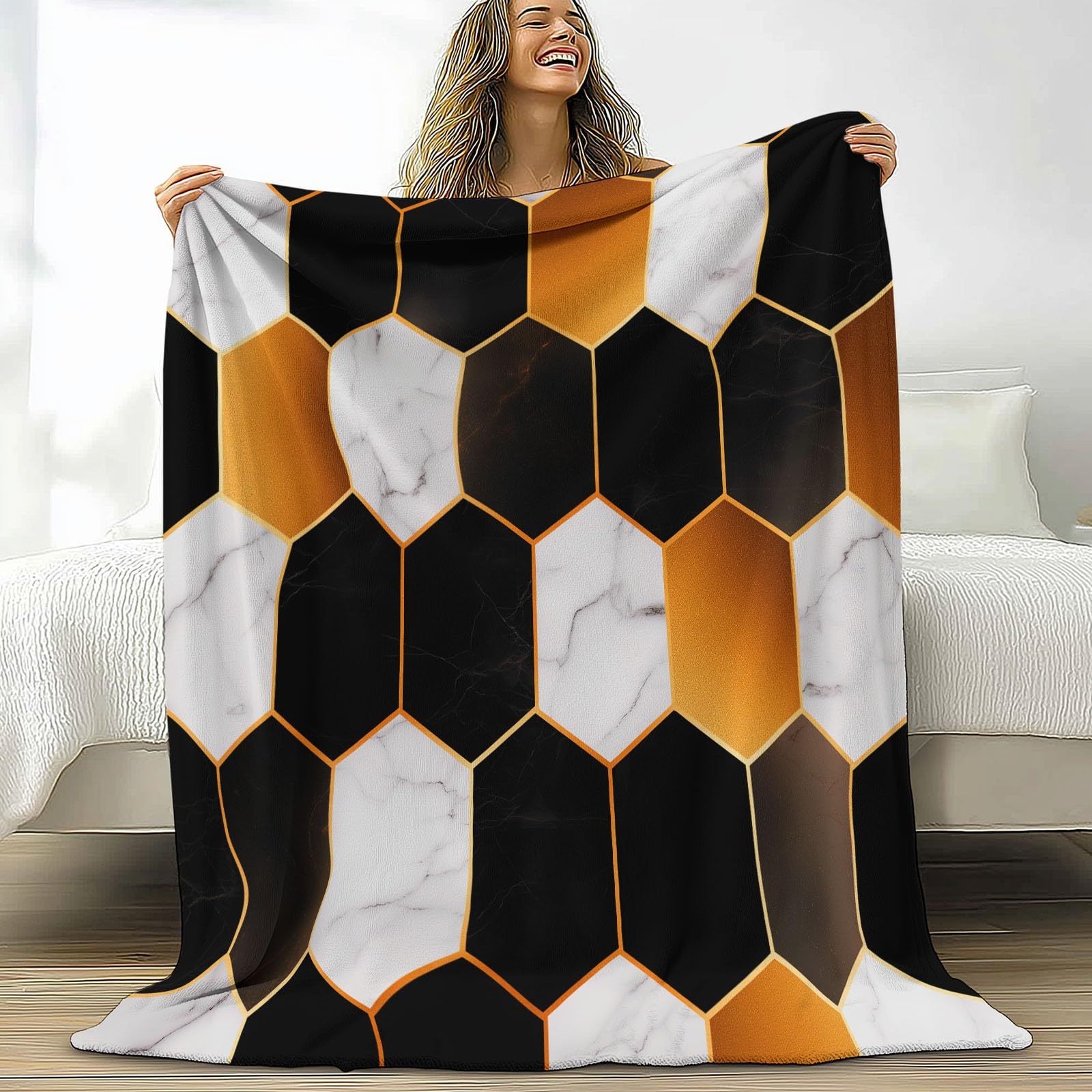 Couverture lit 1 Personne en Microfibre Épaisse et Chaude Motif Marbre Hexagone