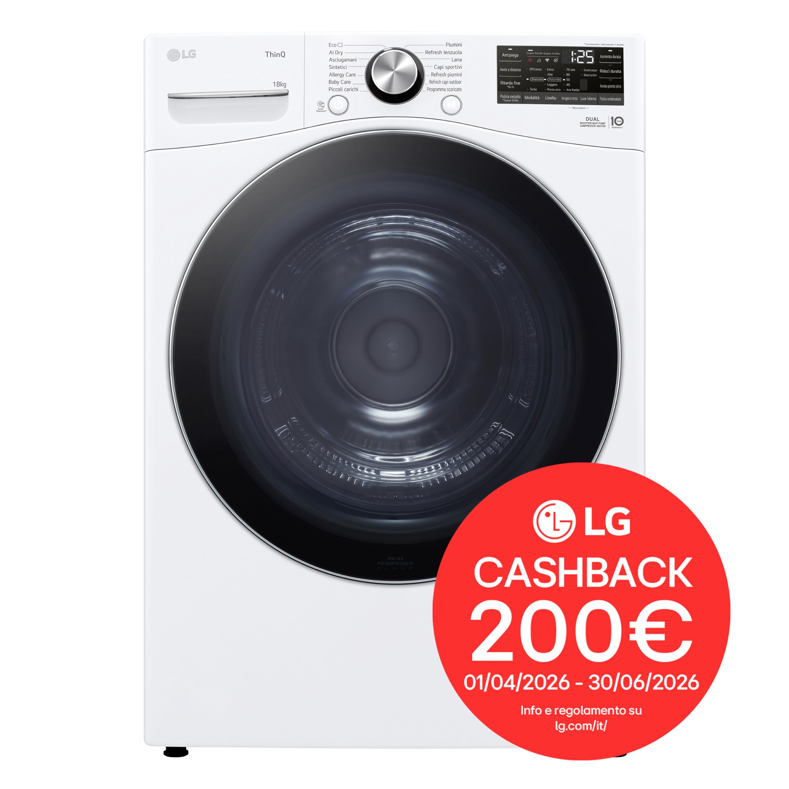 LG RH18U8AVCW Asciugatrice Smart 18kg, Classe A+++, Pompa di Calore DUAL Inverter, Motore Direct Drive, Intelligenza Artificiale AI Dry, Condensatore Autopulente, Wi-Fi, Serie U8, Bianca