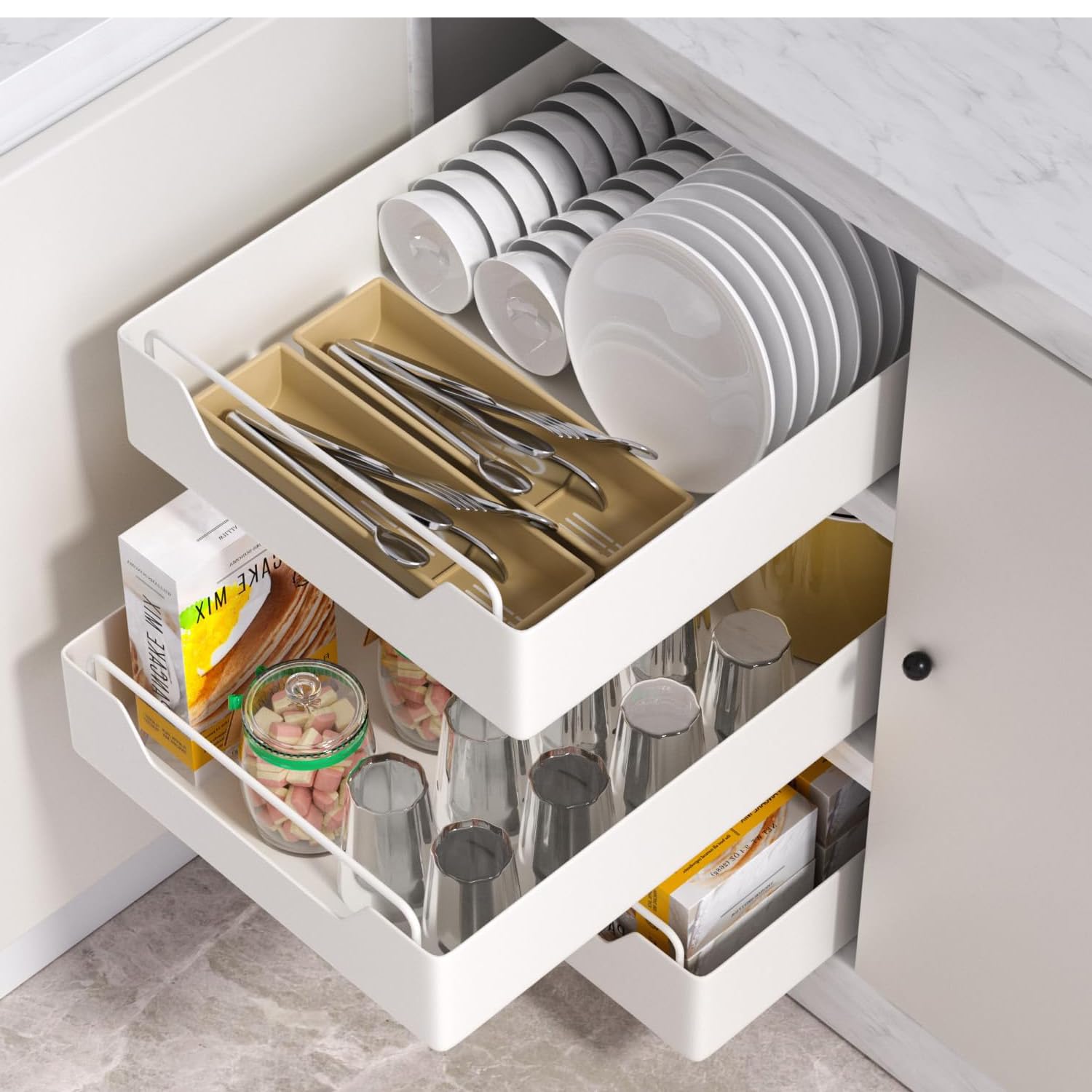 CROWNSHOP Pull Out Cabinet Organiser 2PCS Kitchen Cupboard Organiser Adjustable Pull Out Kitchen Storage No Drilling and Nailing Required White 42 * 25 * 6.8CM (2 PCS)